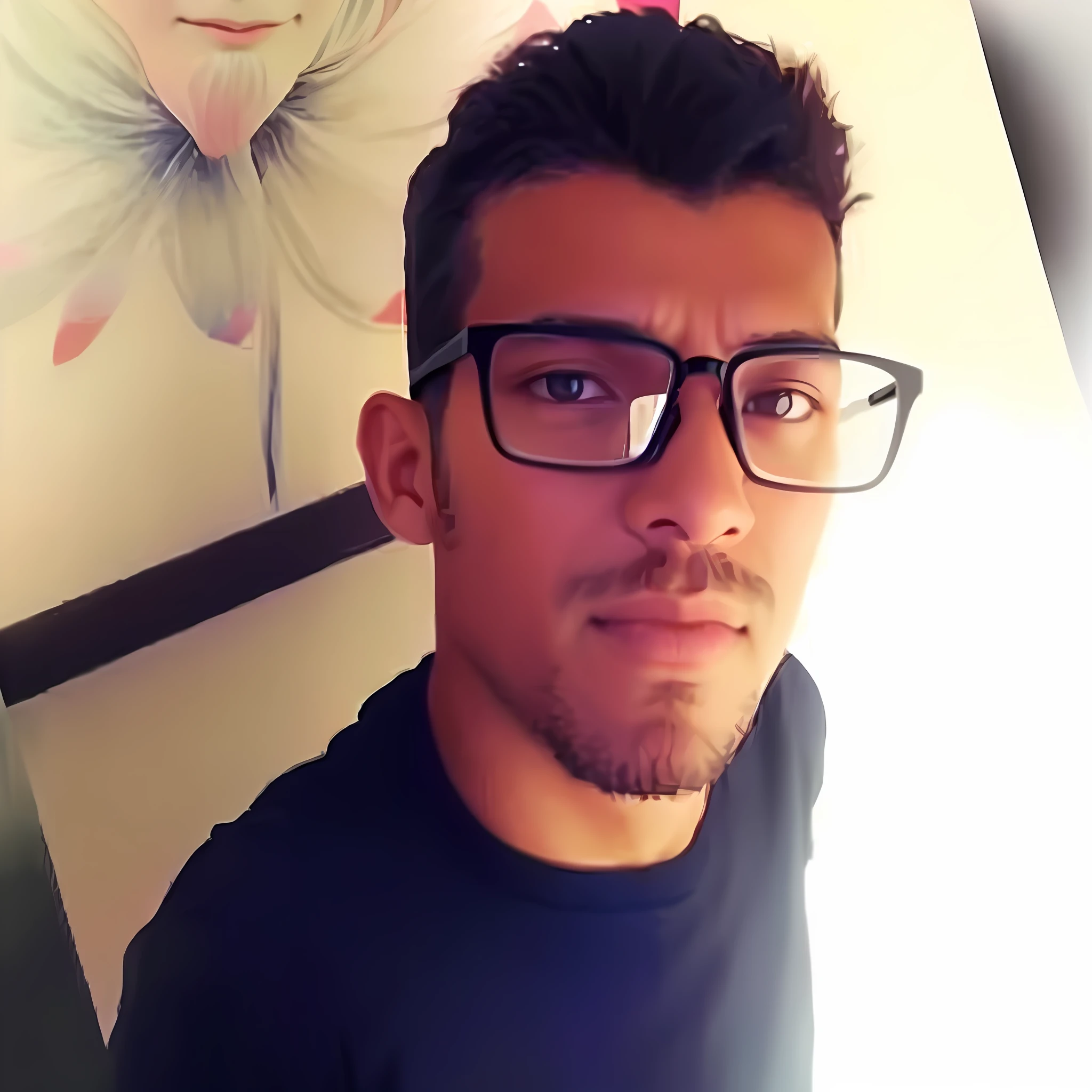 "(Anime + person + man + black shirt + glasses: 1.2 + portrait: 1.1), (best quality: 1.1), (ultra-high resolution: 1.05), humble and confident, balanced skin tone, determined expression, neutral look, blurred background, soft lighting, realistic details, high quality texture".