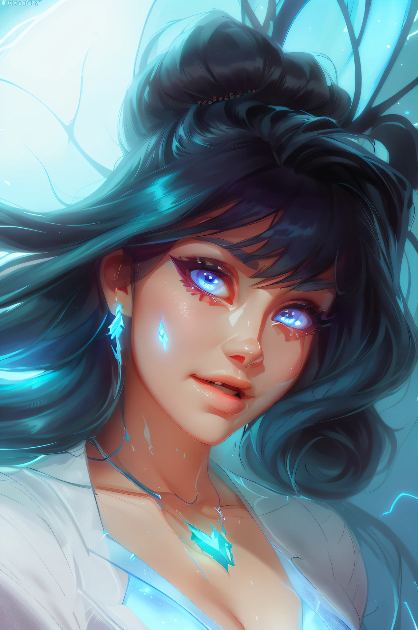 a close up of a woman with a glowing face and a blue dress, rossdraws cartoon vibrant, rossdraws 1. 0, rossdraws 2. 0, :: rossdraws, rossdraws global illumination, rossdraws portrait, extremely detailed artgerm, rossdraws 2. 5, rossdraws digital painting, artgerm and rossdraws