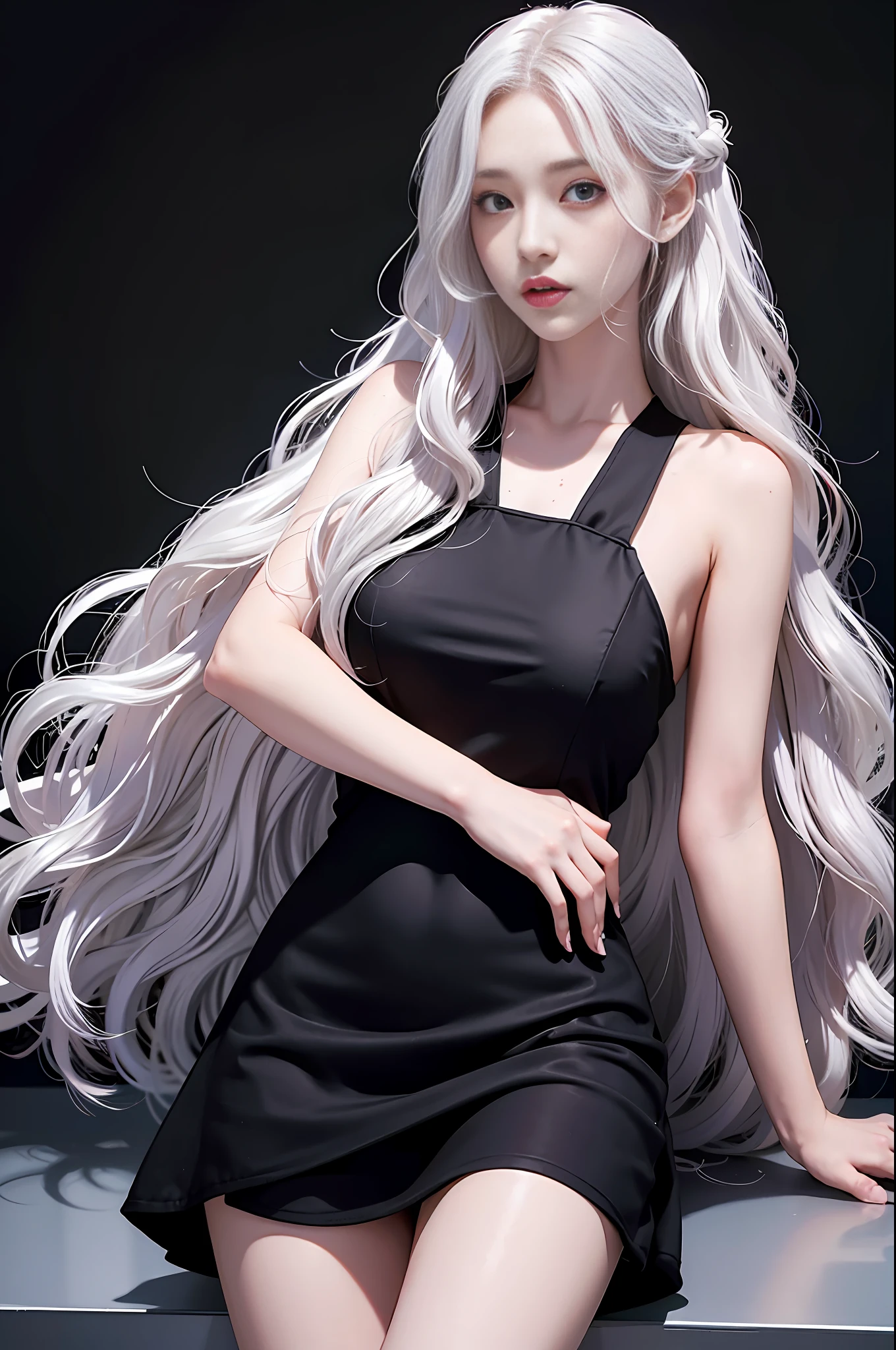 Realistic, high resolution, 1 girl, white wavy hair, Korean, heterochromic eyes, small moles under the eyes, black dress, thighs