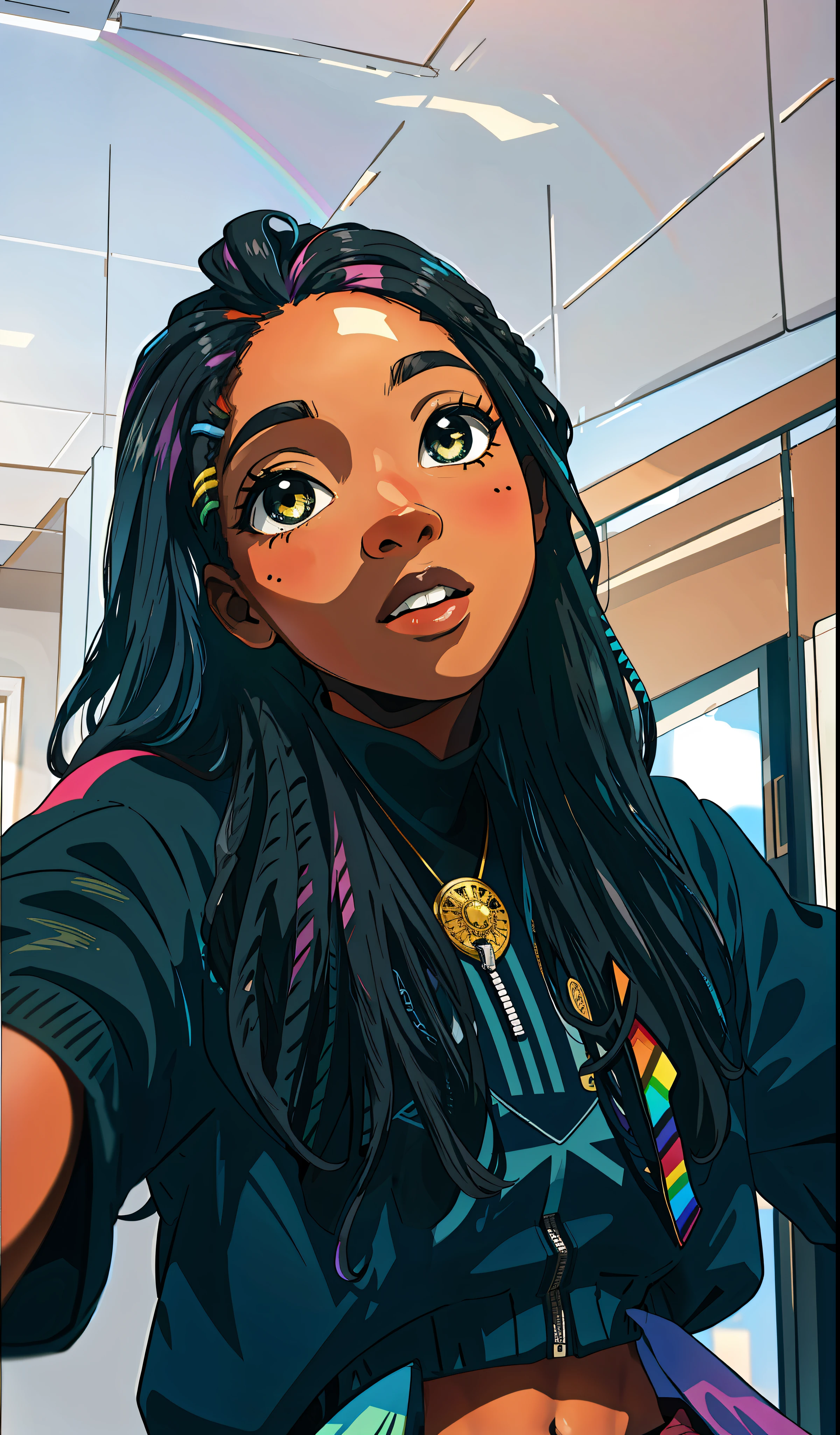 Masterpiece, best quality, black girl with black skin, with rainbow hair, really wild hair, mane