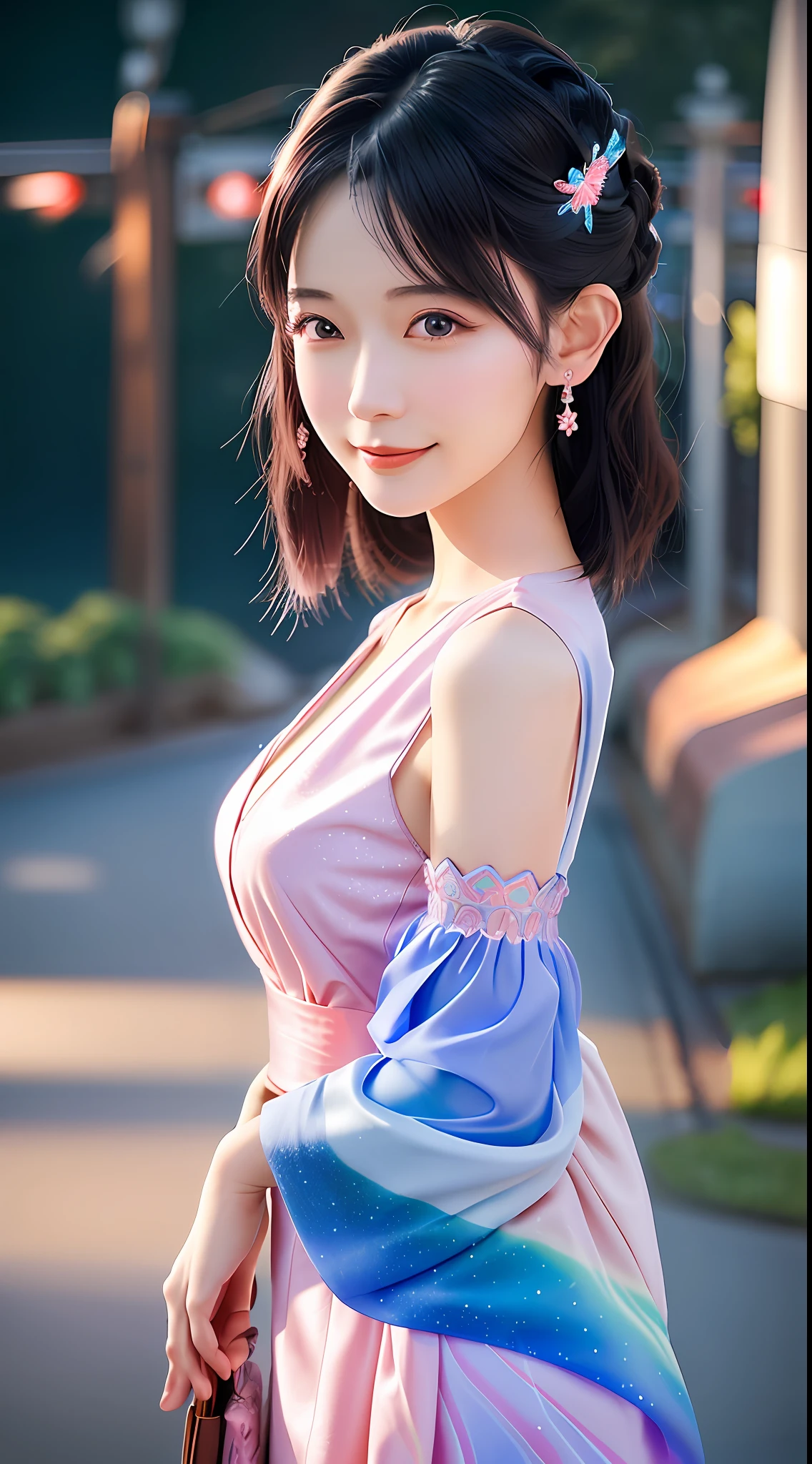 Beautiful young Japanese woman, pale pink dress, smiling face, small, Cyberprep, Futago, low angle, 3D rendering, Bokeh, sprite sheet, opalescent colors, Gurokawa, Aurora borealis lighting, hyperrealistic intricate detail finely detailed ultra realistic Tonal Colors octane render