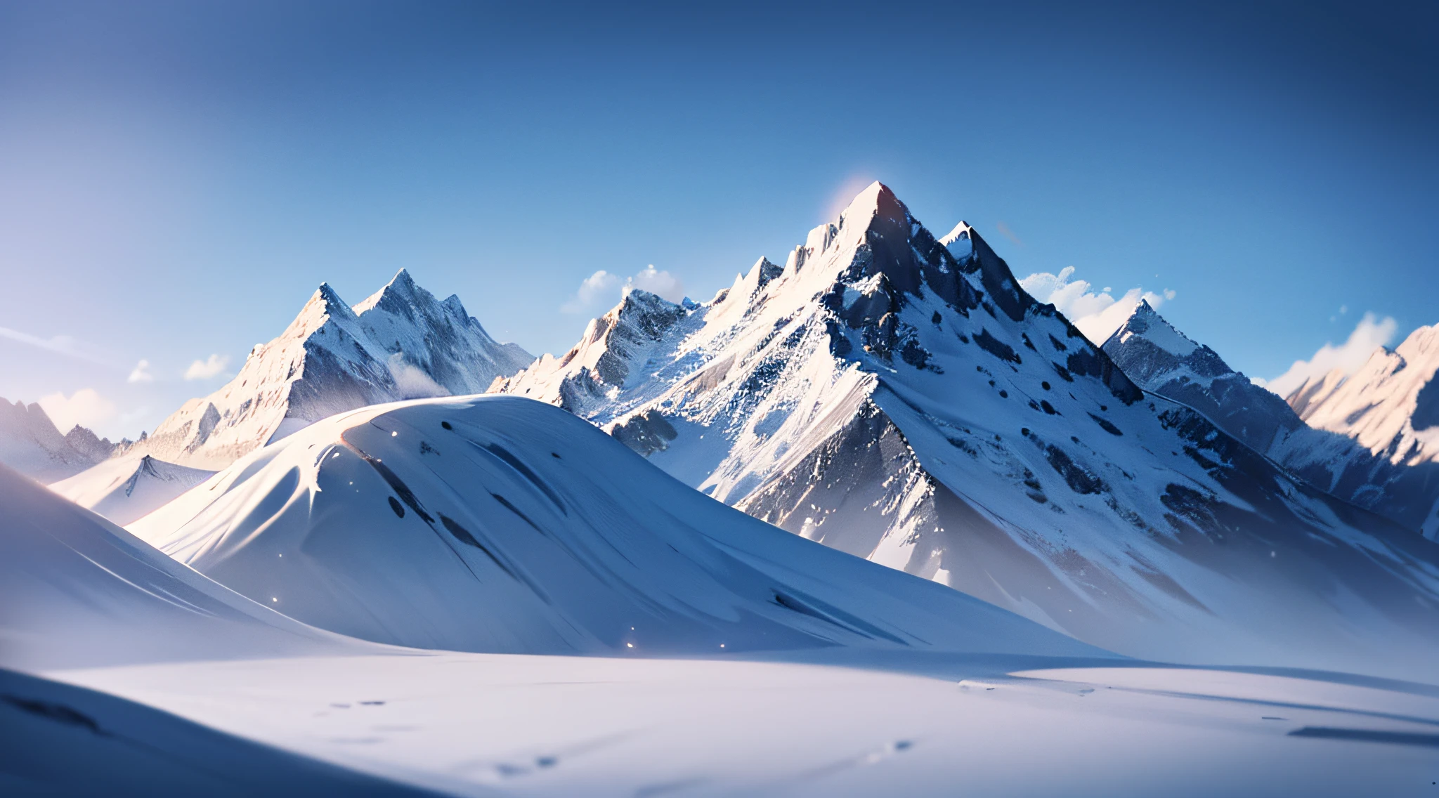 snow-capped mountains, 16:9, god rays, ray tracing, reflection light, cinematic lighting, high detail, highres, best quality, 4K