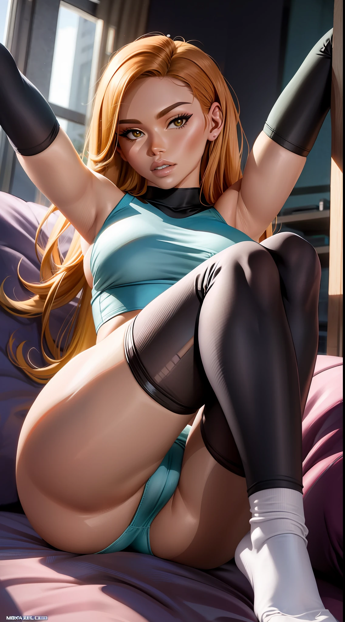 Kim possible sitting with legs up while wearing white long socks on her beautiful feet , seductive , tanned , sexy pose , max detail , max quality , bedroom , beautiful thighs , tight panties