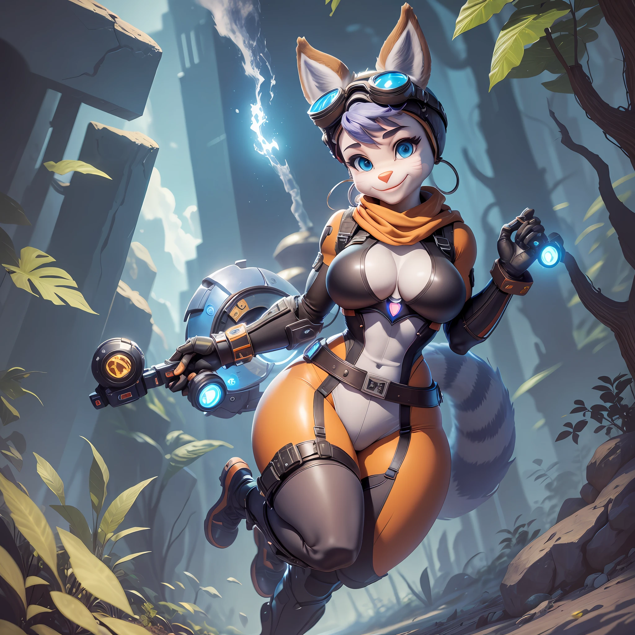 furry, rivetlombax, blue eyes, animal ears, earrings, goggles on head, bangs, mechanical arms, scarf, bodysuit, belt, tail, forest, smile, not human, ass big, cartoon style, cute, (breast:1.5) full body picture, thick thighs, (perfect body: 1,5), (camel toe: 1.7), barefoot, highres, spaceship