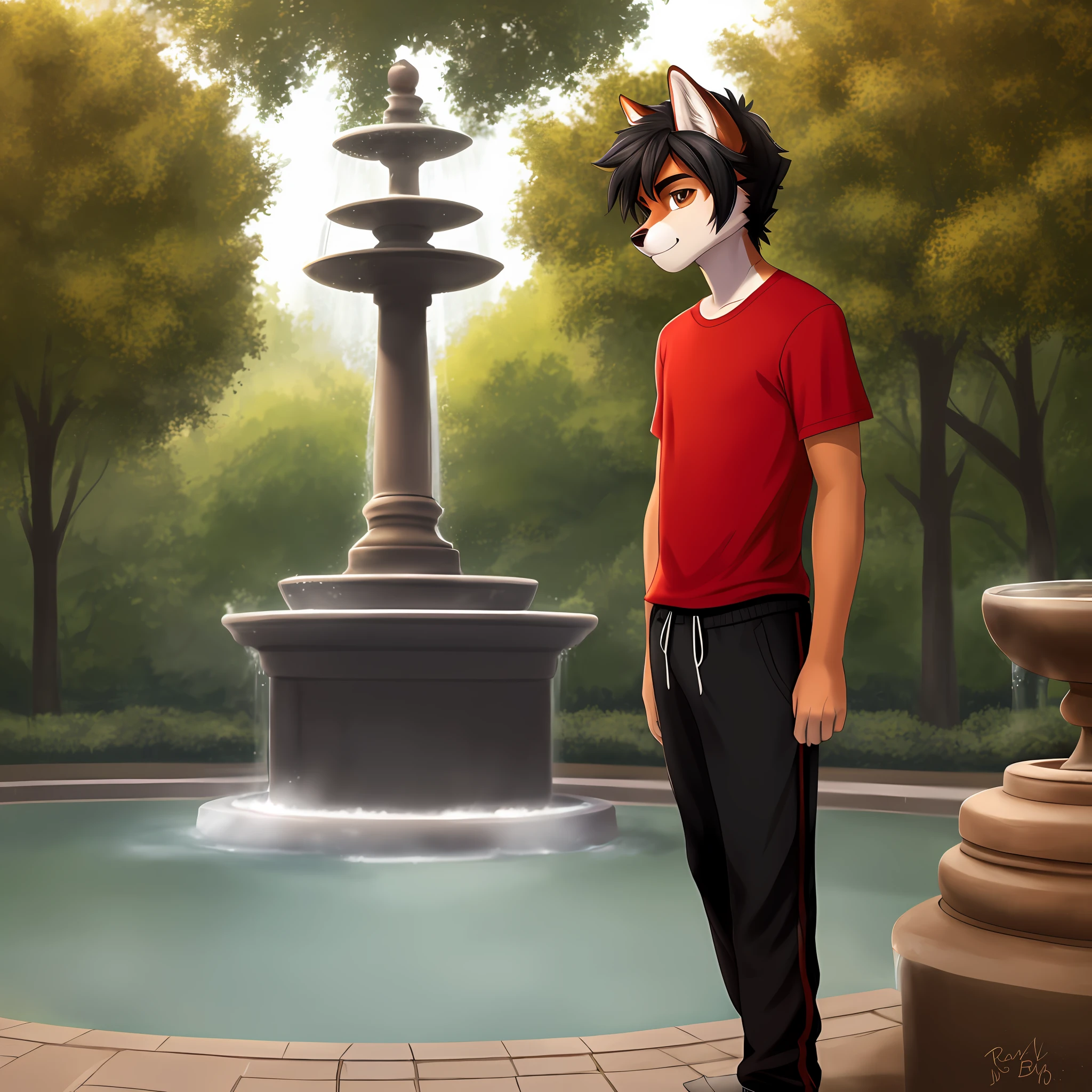 anthro, red wolf, 1boy, red shirt and black sweatpants, detailed clothing, soft light, great lighting, black hair, brown eyes, hairstyle, solo, just one character, only one person, only one, no group, no double, in the park at noon with a fountain in the background