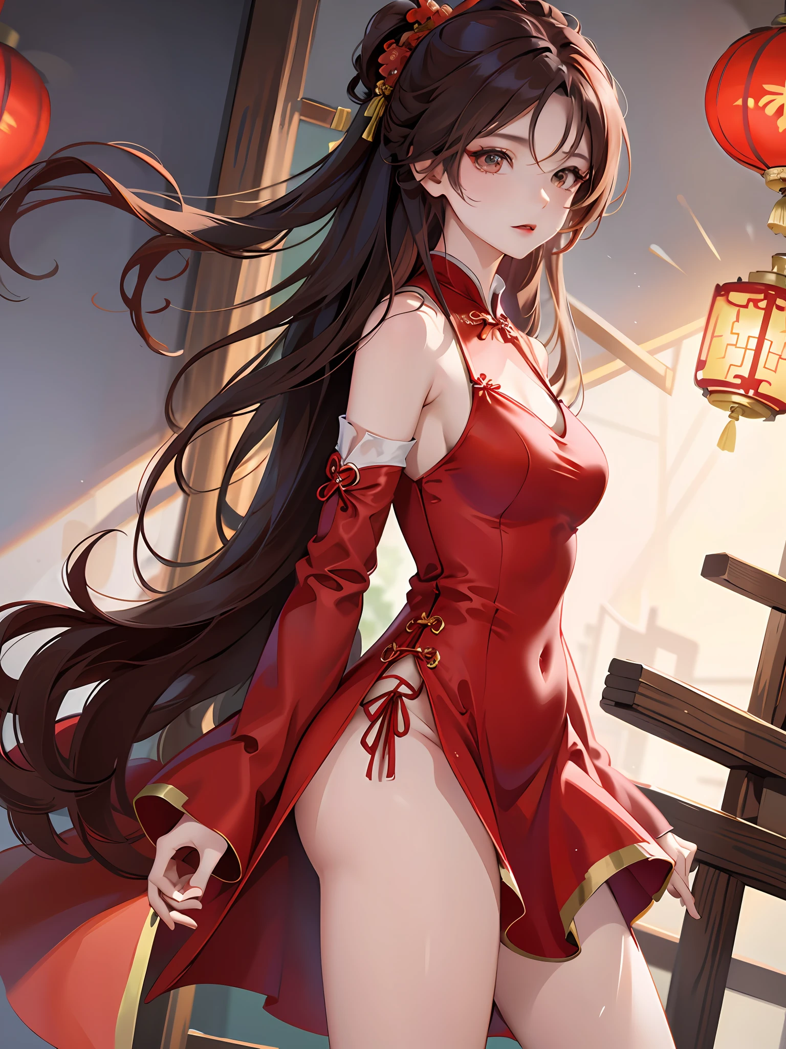 A woman in a red dress, long straight hair, hair accessories, sexy dress, wearing red cheongsam, upturned buttocks, sexy, side photo, gorgeous Chinese model, sexy red dress, split dress, playful and cute expression