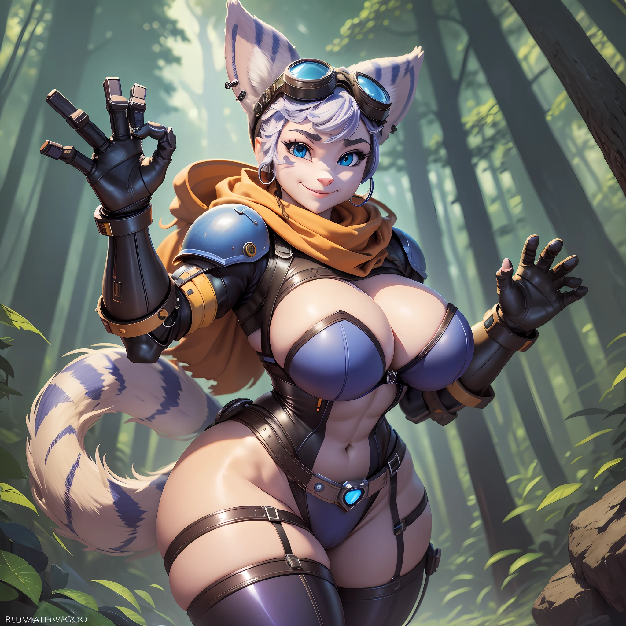 furry, rivetlombax, blue eyes, animal ears, earrings, goggles on head, bangs, mechanical arms, scarf, bodysuit, belt, tail, forest, smile, not human, big boobs, ass big, cartoon style, cute, (breast:1.2) full body picture, thick thighs, (perfect body: 1,5), (camel toe: 2), barefoot, highres, spaceship