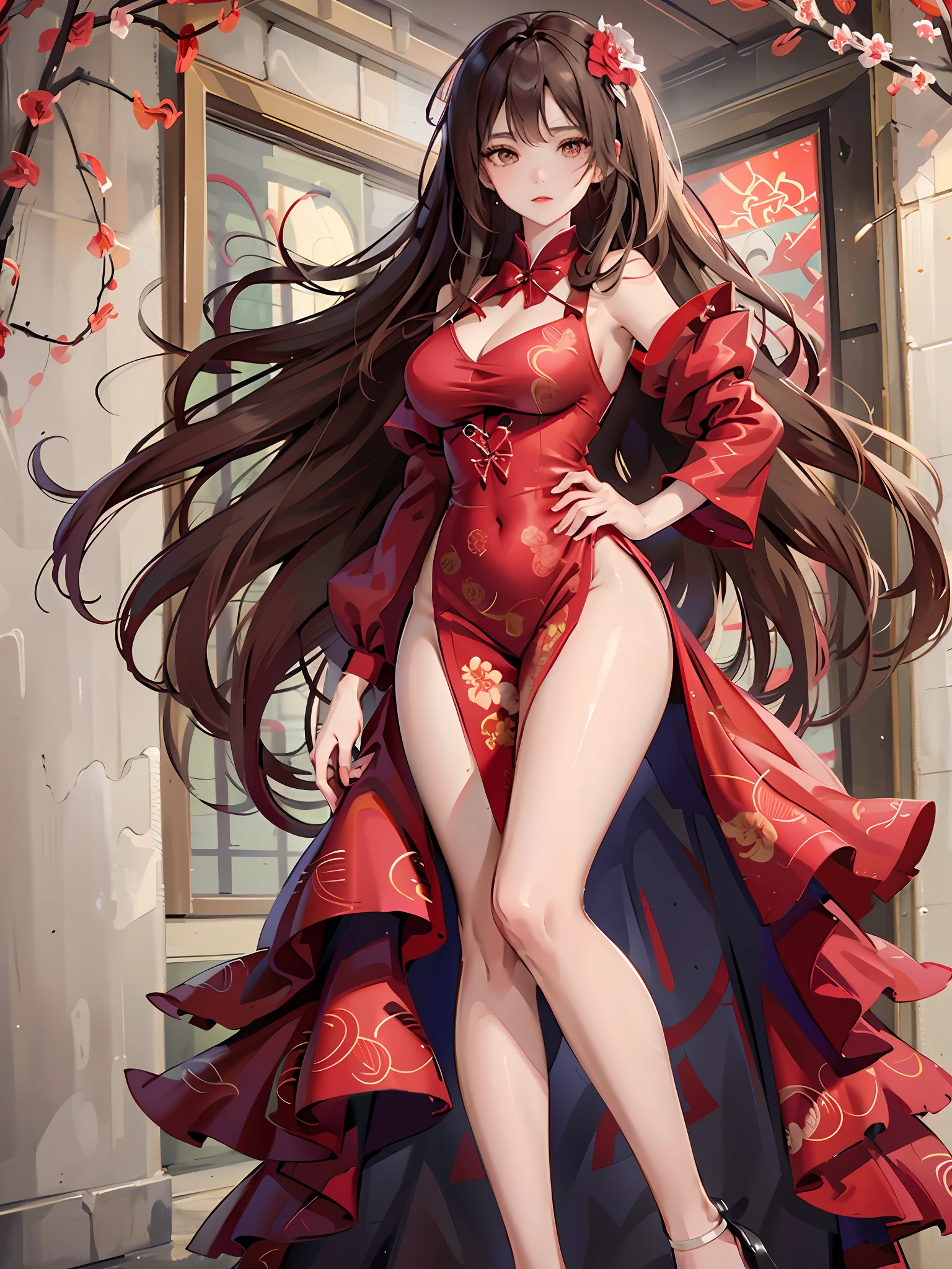 The details are accurately described, with women as the main body, wearing red dresses with floral patterns, sexy dresses, maximalists, red floral items, full silk material, micro-pocket waist, streamlined, slender dress hem design, reminiscent of the style of the morning, looming vines, symbols are more and more beautiful, showing a sense of rhythm.