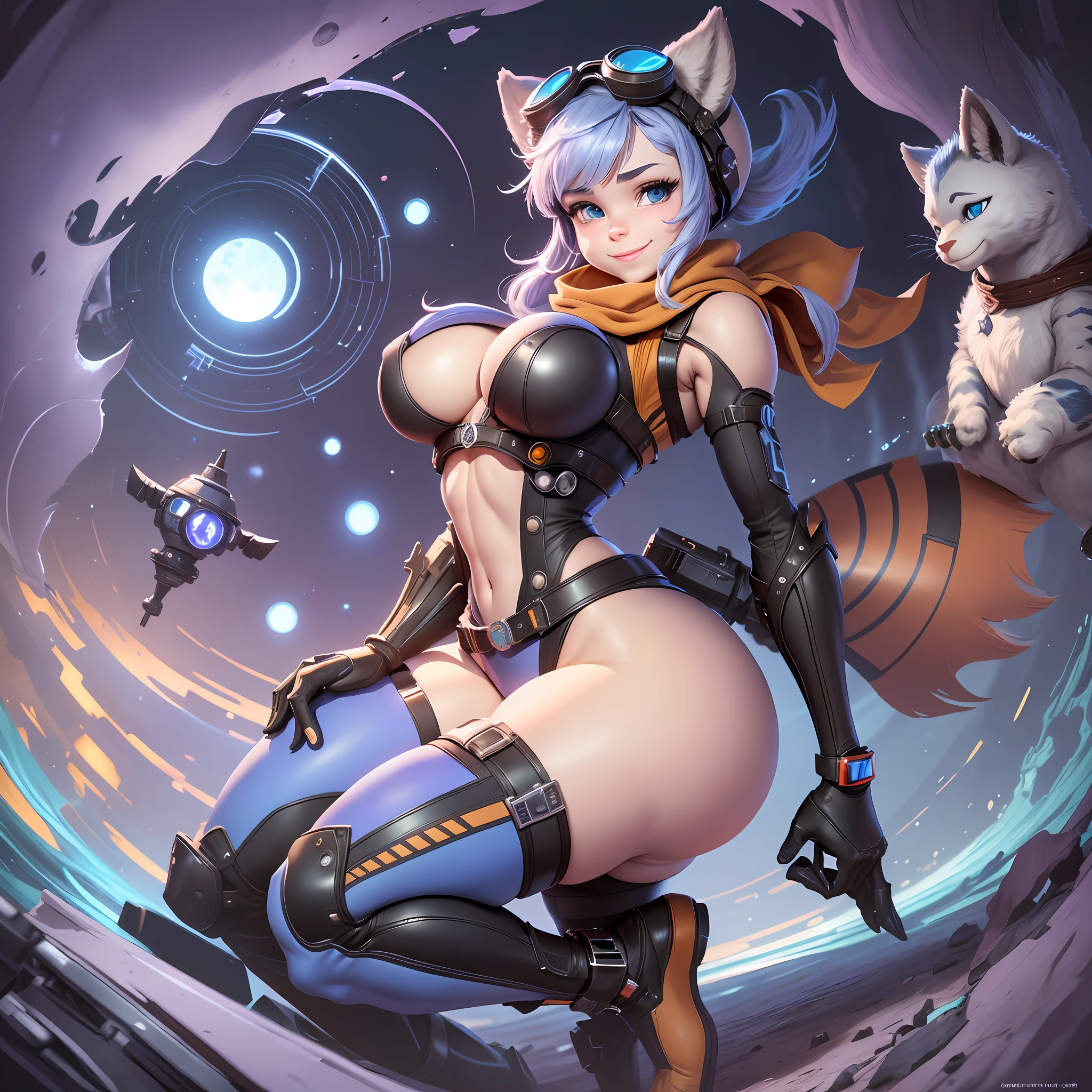 furry, rivetlombax, blue eyes, animal ears, earrings, goggles on head, bangs, mechanical arms, scarf, bodysuit, belt, tail, forest, smile, not human, big boobs, ass big, cartoon style, cute, (breast:1.2) full body picture, thick thighs, (perfect body: 1,5), (camel toe: 2), barefoot, highres, spaceship