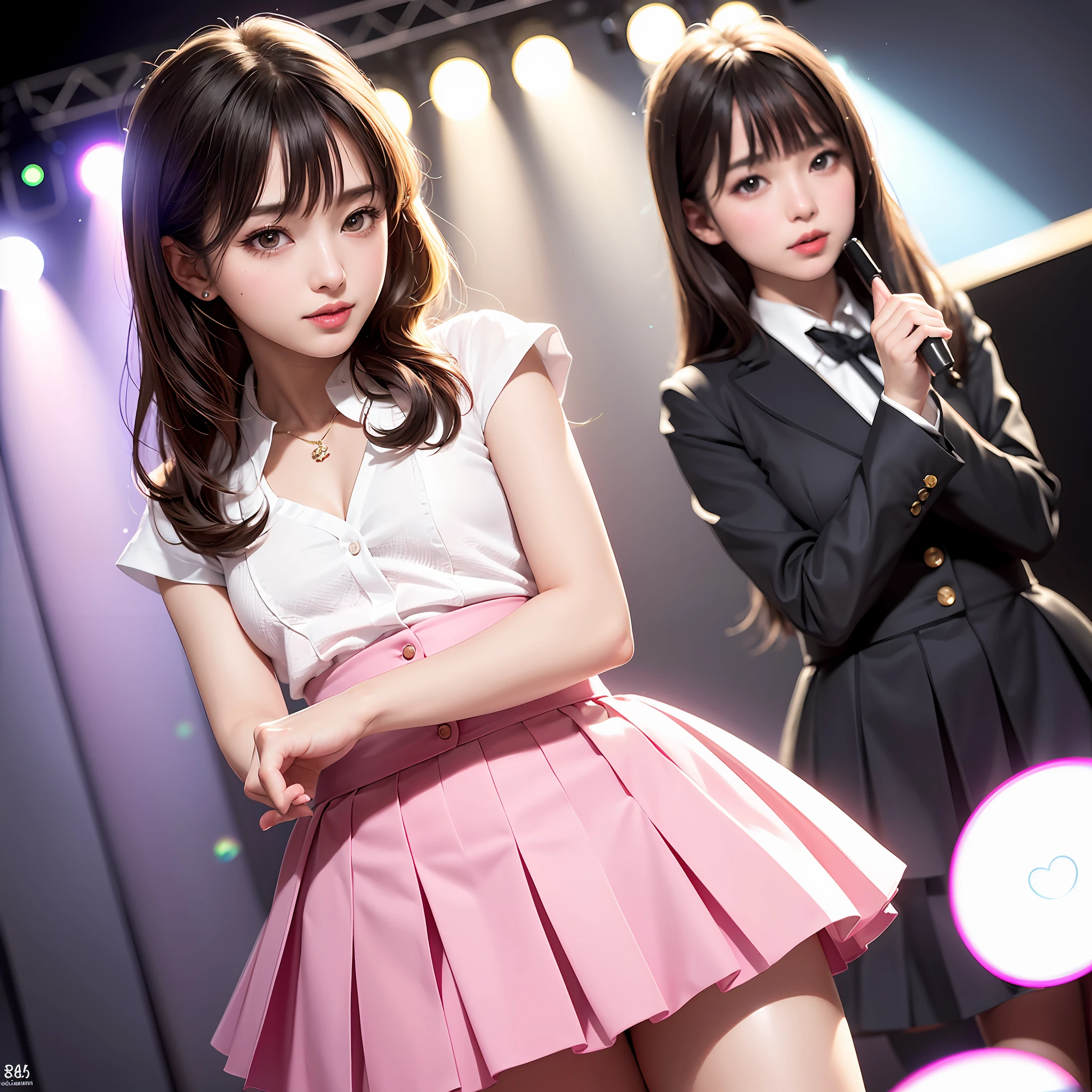 (8k, RAW photo, photorealistic: 1.25), (lip gloss, eyelashes, shiny face, shiny skin, beautiful smile, slim body, small, Nogizaka 46, uniform idol, 18 years old, pleated skirt, concert, stage costume, best quality, super high resolution, depth of field, chromatic aberration, caustics, wide lighting, natural shading, jpop idol) Looking at the viewer, with a calm and goddess-like euphoria,