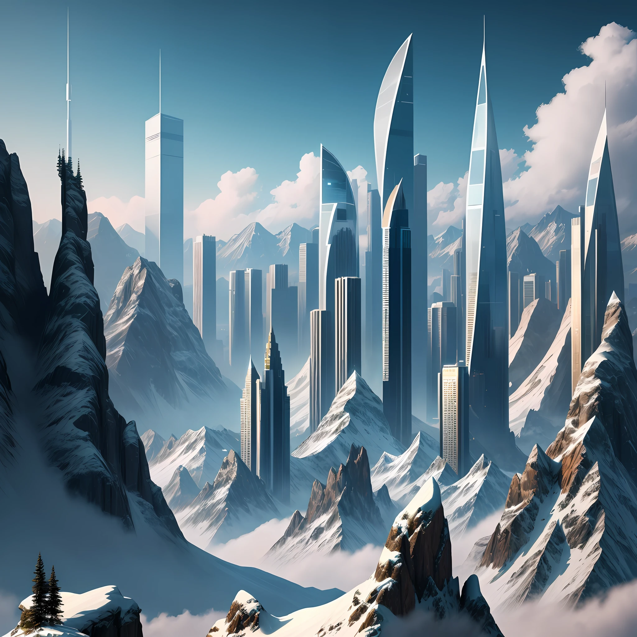 Skyscrapers in the mountains Mother Nature Cyberpunk Top Quality Ultra High Resolution 8K City