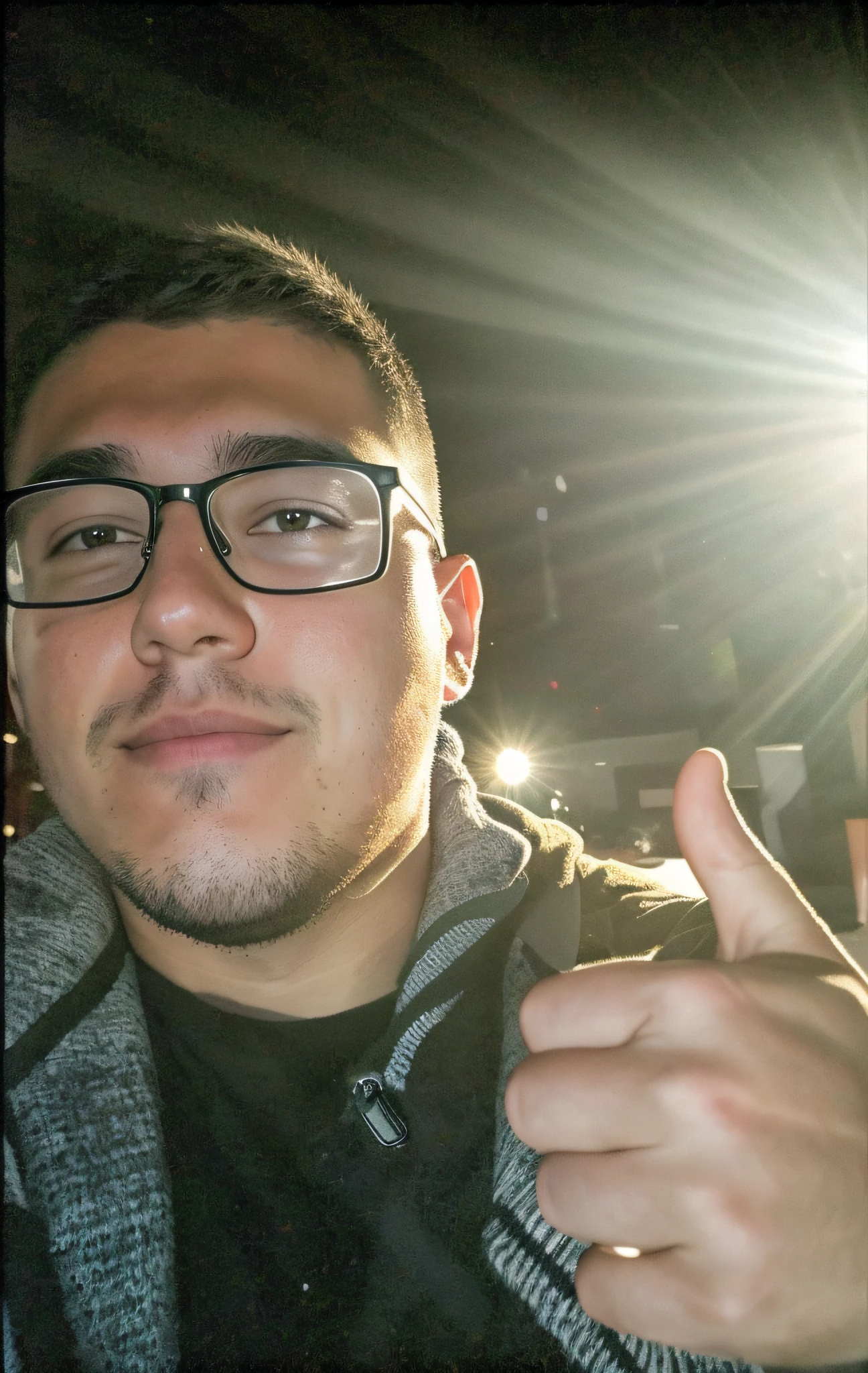 there is a man looking at the camera and with glasses giving a thumbs up, very low quality image, profile picture, low quality video, about 1 9 years old, holding him to the camera, profile picture, low quality footage, night footage, giving a thumbs up from the camera, profile picture, very low quality, short hair and dark eyes, 8k, beautiful night scenery, round face