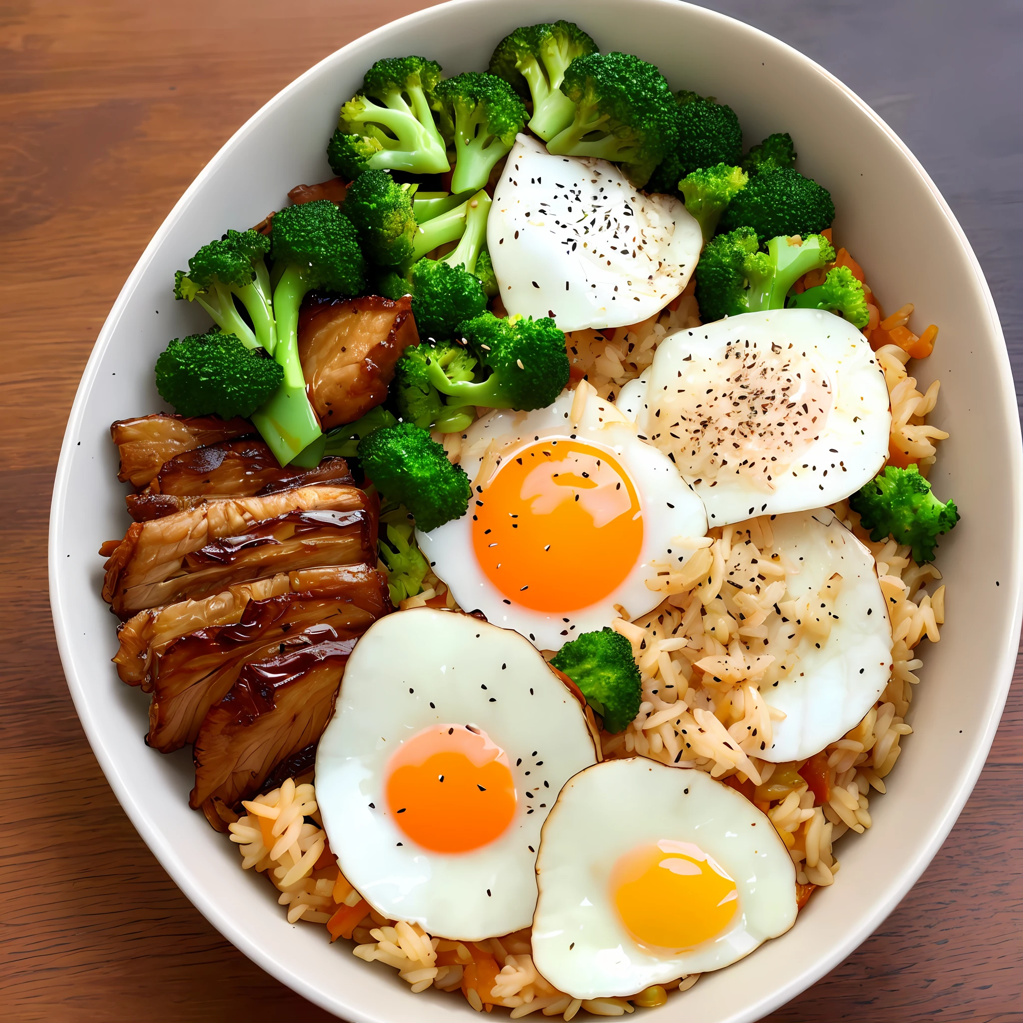 Dog on the side, animation, high quality, high resolution, rice bowl, fried egg, braised pork, diced radish, beans, rice, broccoli