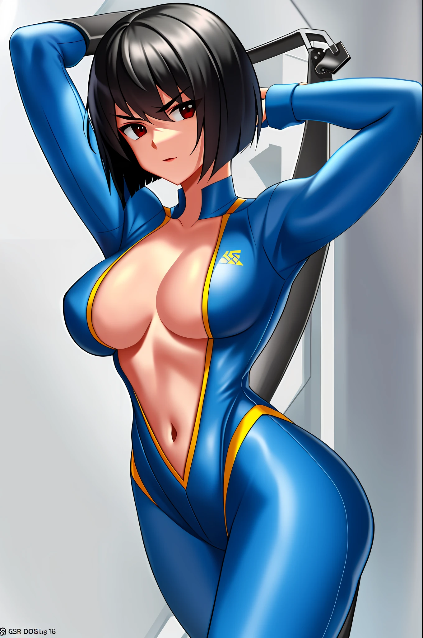 Vault_girl, Vault_jumpsuit,, 1girl, breasts, solo, black_hair, red_eyes