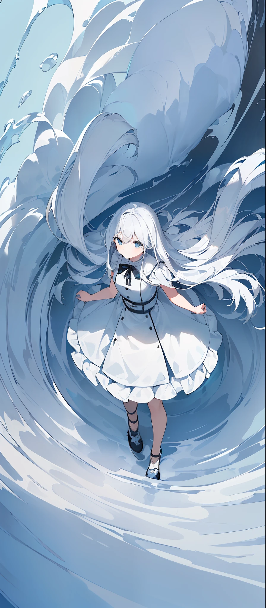 masterpiece,(best quality),(1girl) ,solo,(high contrast:1.2),(high saturation:1.2), ((hands on the pocket)),((black and white sdress)),looking at viewer,((white and light blue theme:1.3)),((white and light blue background:1.5)),white hair,blue eyes,((walking:1.3)),full body,black footwear,((the light blue water on sky and white cloud and day)),((from above:1.2)),Ink painting