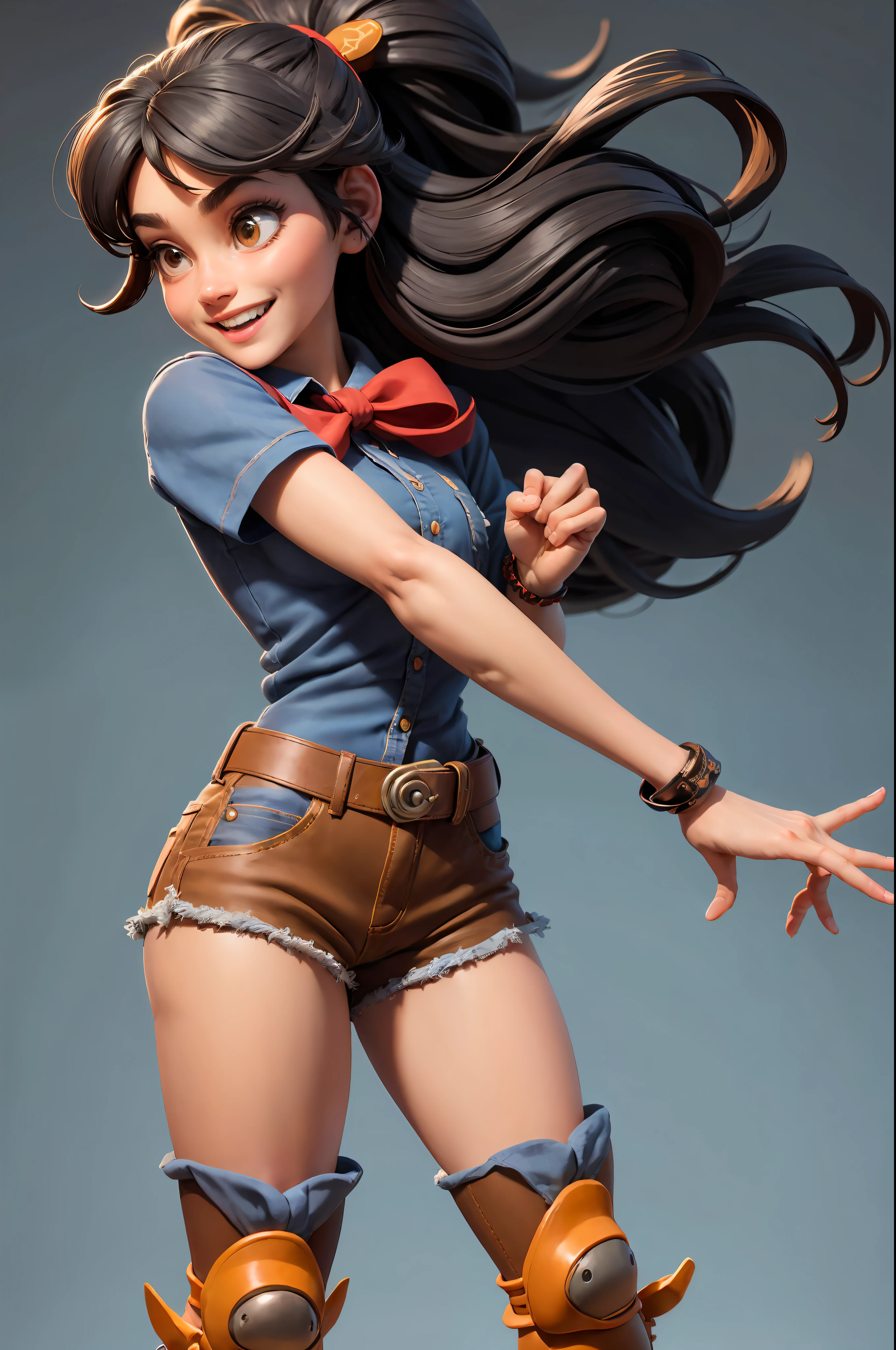 3dmm style, (masterpiece, best quality), intricate details, 1girl, solo, bea\(disney\), bow hair band, printed shirt, tied shirt, jeans, single glove, knee pads, barefoot, cowboy shot, front, red clothing, black hair, smiling wide shot, long shot, wearing high heels on feet, arms and feathers stretched, heroic pose, tie, bow, perfect hands, 5 fingers hands
