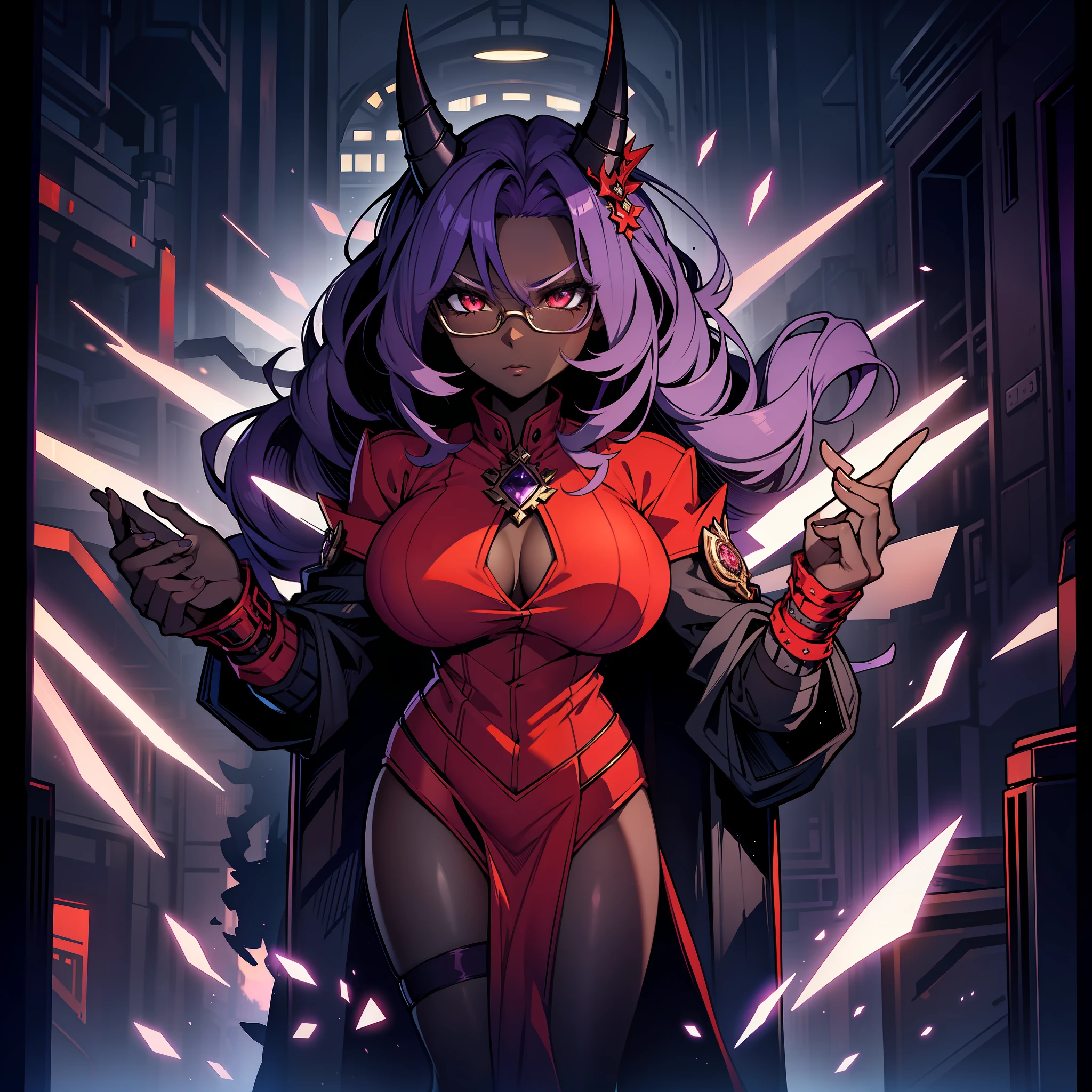 royal dress, office, purple hair, solo, bright eyes, (dark skin), purple hair, (best quality, masterpiece), pov, looking at the viewer, 1woman, large breasts, large thighs, dark skin, glasses, short, dark skin, solo,, standing, scales, dark red dragon horns, dark red dragon tail, subtle paterns of bright shades of purple along its limbs and tail,  red eyes