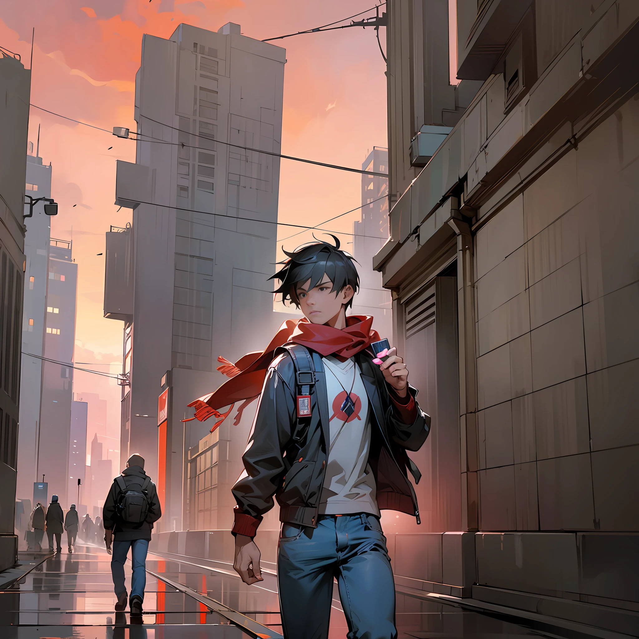 ((masterpiece)), ((best quality)), (realistic), post-apocalypseAI, cinematic lighting, detailed, extremely detailed, behind, solo, a male tourist walking along the rails towards the big city of Paris, dawn, summer, in a jacket and jeans, carrying a backpack on which hangs a scarf with the logo of the football club "Spartak", red sky, rays of the sun, light fog, a frame from a Marvel movie in his hands, a guidebook in his hands --auto --s2