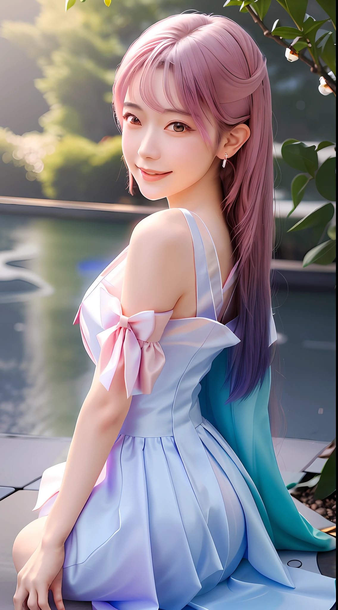 Beautiful young Japanese woman, pale pink dress, smiling face, small, Cyberprep, Futago, low angle, 3D rendering, Bokeh, sprite sheet, opalescent colors, Gurokawa, Aurora borealis lighting, hyperrealistic intricate detail finely detailed ultra realistic Tonal Colors octane render