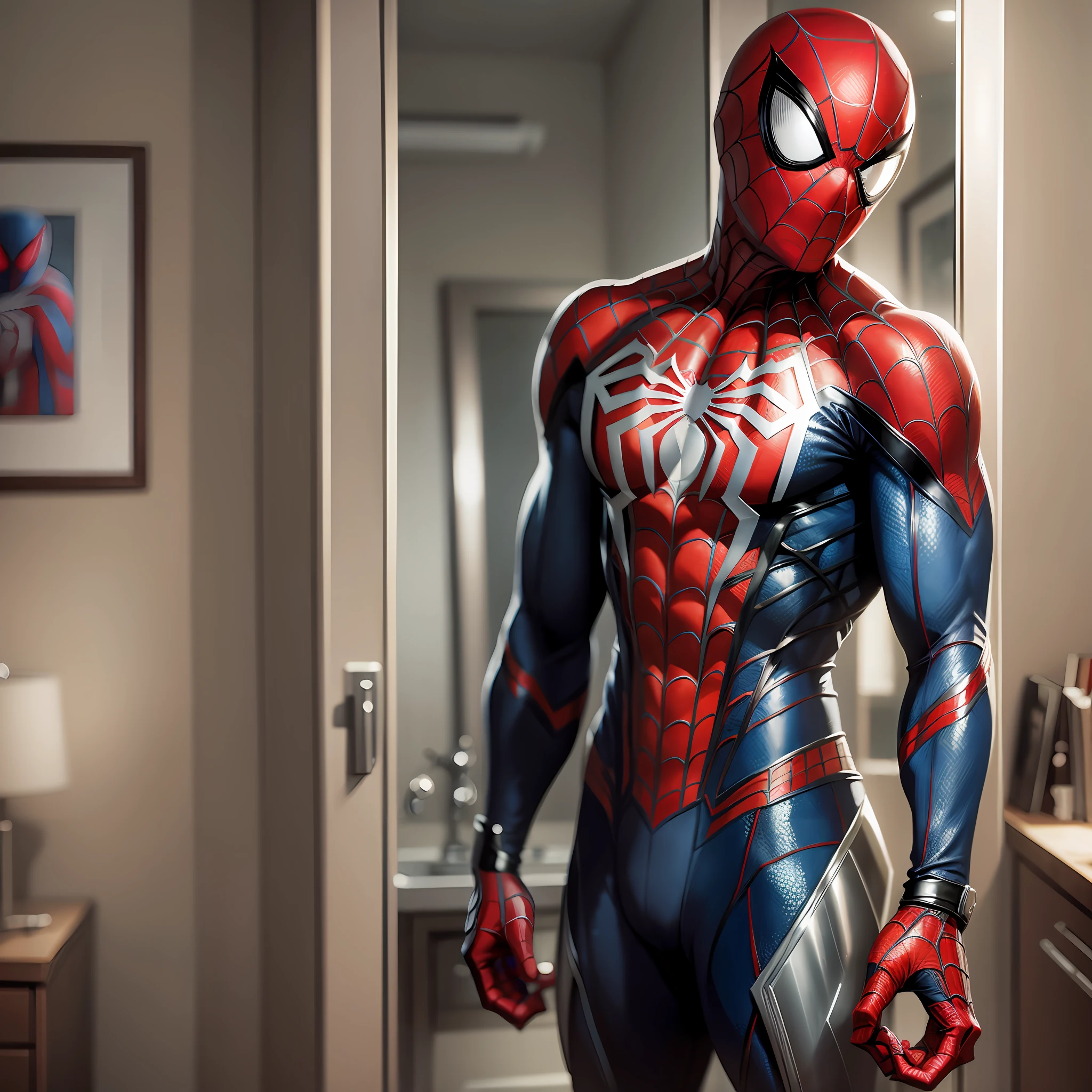 Spider-Man taking pictures in the mirror, realistic. HD、 --auto --s2