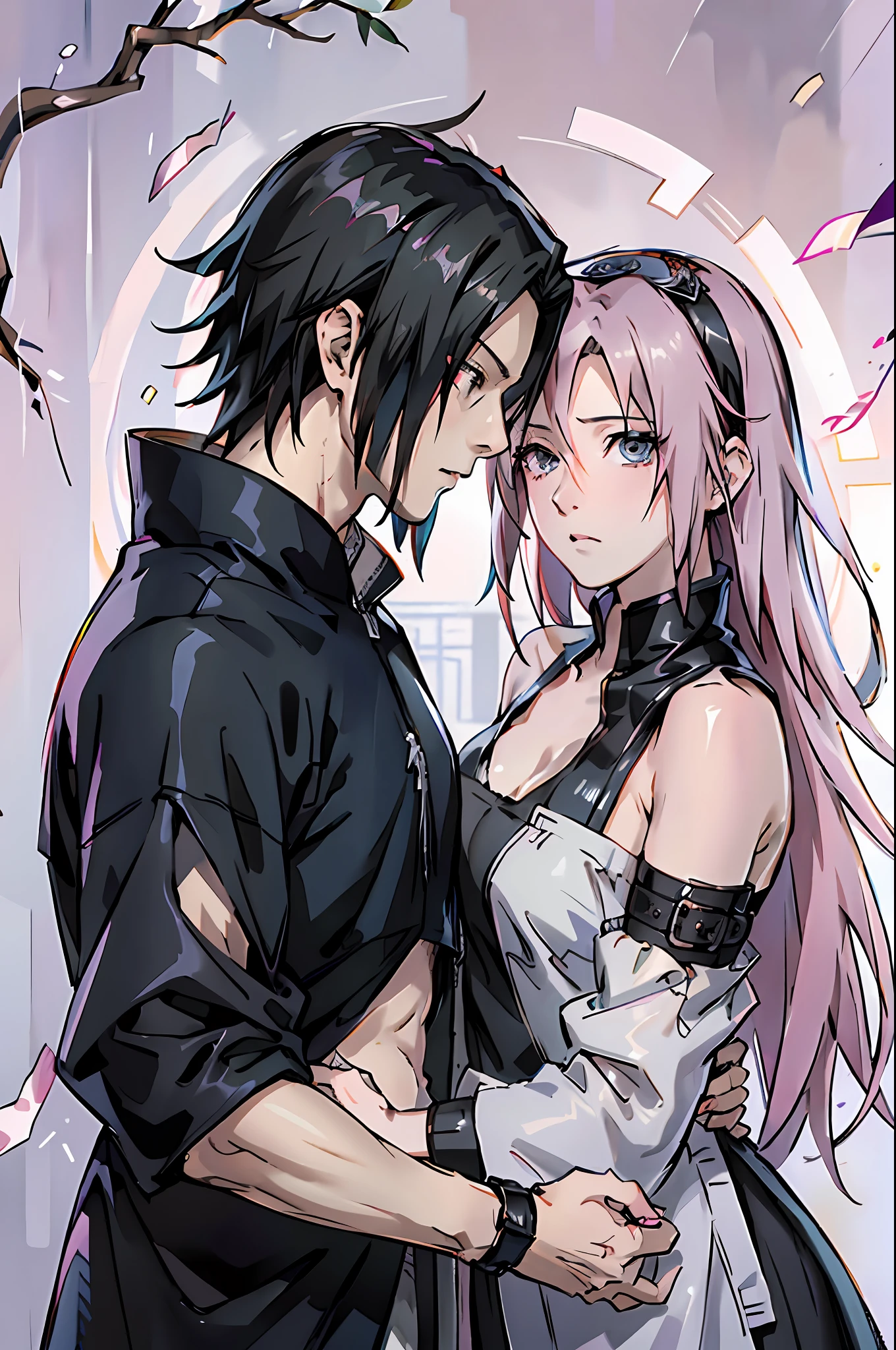 Draw an artistic and mysterious concept of Sasuke and Sakura in a dark setting shrouded in mist. Sasuke must be portrayed in profile, with his black hair and sharp eyes, with an intense and mysterious look. He must seem a little distant, but also a little regretful. Sakura must be pictured facing him, with her pink hair and expressive eyes. She must be holding his hand, looking at him with a loving, protective gaze, as if trying to help him overcome some past pain. The setting should be dark and shrouded in mist, with a dim light source illuminating both characters. The art should be conceptual and well-crafted, with traits similar to those of the anime's creator, Masashi Kishimoto. The tone should be mysterious and compelling, pleasing the couple's fans and leaving them with a sense of curiosity and mystery