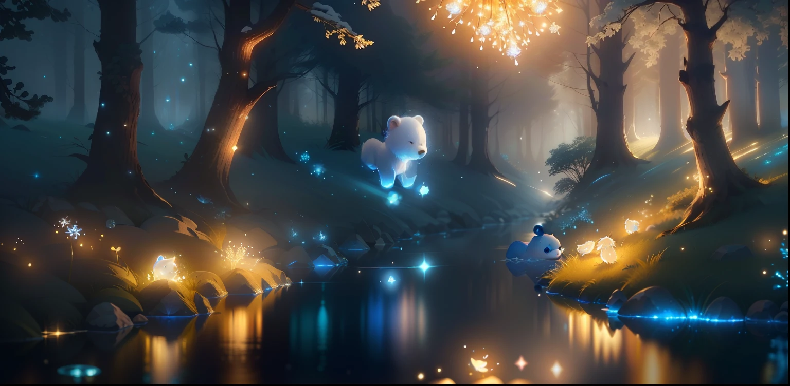 a tiny baby ghost white bear ,beautiful, forest,  summer river shiny glitter texture, soft blue transparent glow,tiny  falling stylize 60000,  colours, shiny glitter +shiny glitter texture pixar animation style, detailed, soft light, octane render, 8k ,tiny fireflies
