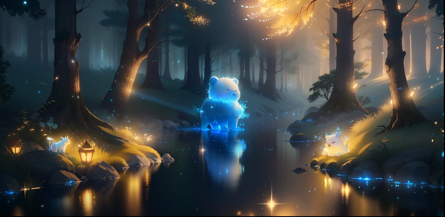 a tiny baby ghost white bear ,beautiful, forest, summer river shiny glitter texture, soft blue transparent glow,tiny falling stylize 60000, colours, shiny glitter +shiny glitter texture pixar animation style, detailed, soft light, octane render, 8k ,tiny fireflies