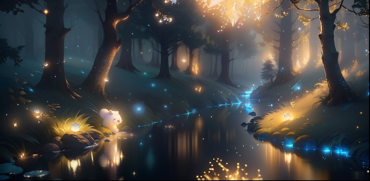 a tiny baby ghost white bear ,beautiful, forest, summer river shiny glitter texture, soft blue transparent glow,tiny falling stylize 60000, colours, shiny glitter +shiny glitter texture pixar animation style, detailed, soft light, octane render, 8k ,tiny fireflies