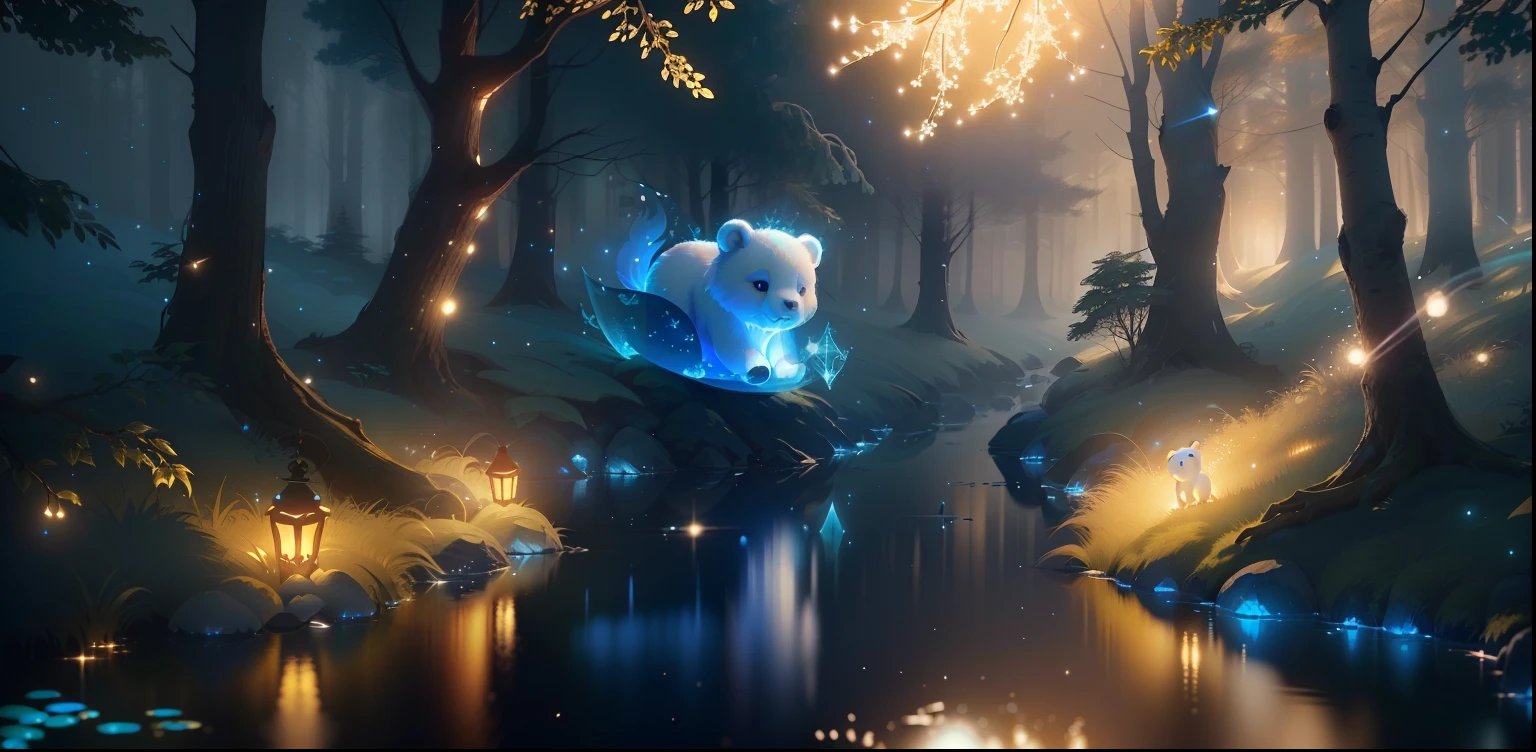 a  ghost white bear ,beautiful, forest,  summer river shiny glitter texture, soft blue transparent glow,tiny  falling stylize 60000,  colours, shiny glitter +shiny glitter texture pixar animation style, detailed, soft light, octane render, 8k ,tiny fireflies