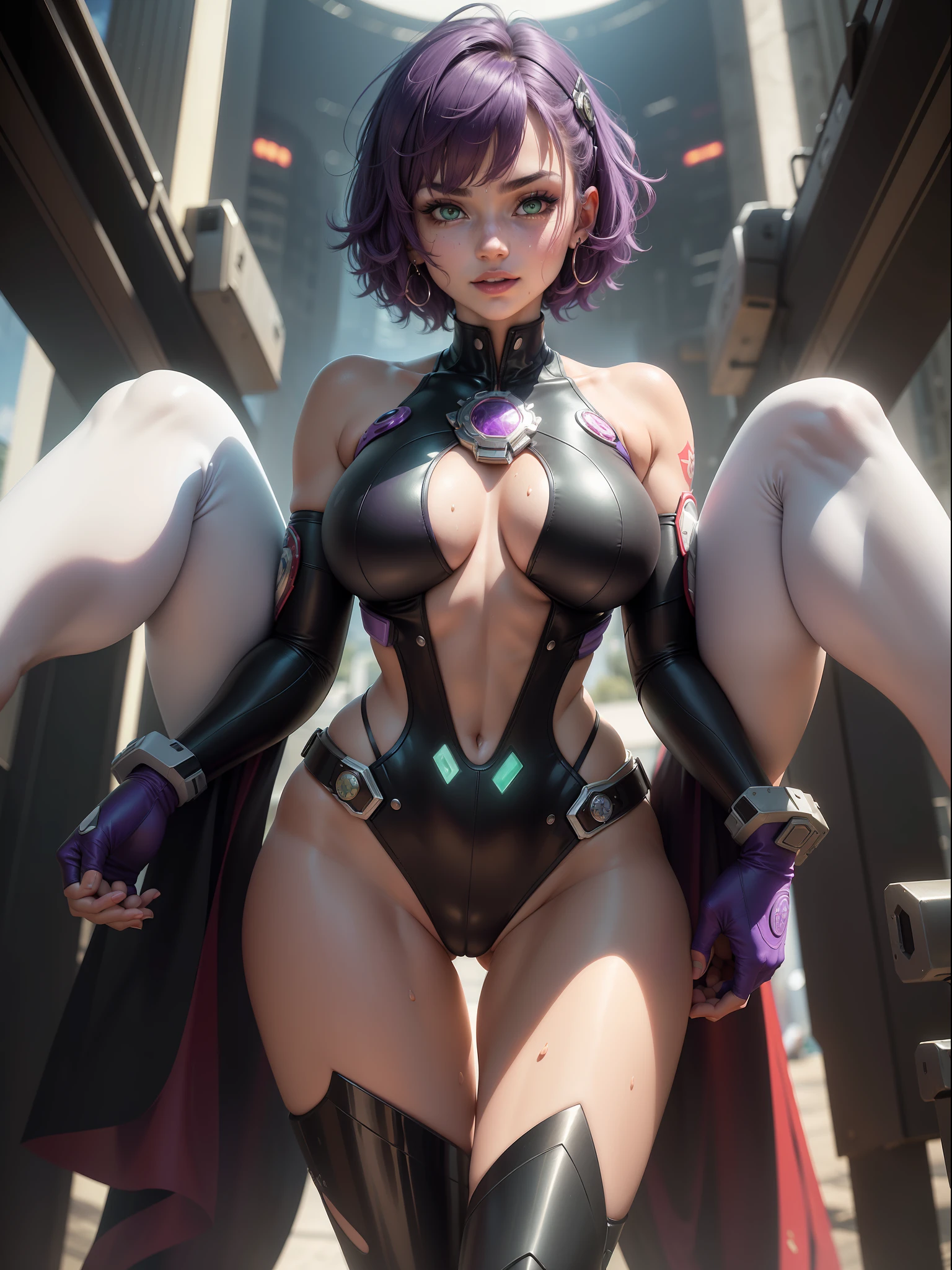 ((full body photo, with feet on the ground, front view)). (Luana/Woman) ({large breasts, White with black parts/Kamen Rider/Samus Aran/extremely tight on body/extremely exhibitionist, smiling, red cheek, mouth with red lipstick). Luana is in a (futuristic city with several flying cars flying in the sky, this night). Luana has {((short purple hair, with teddy bear clip, green eyes))}, this {(looking at the viewer, closed fists, fighting position, futuristic weapons attached to her costume, belt with red jewel and blue jewel on the breastplate, extremely sweaty body and head}, anime, anime style, motion blur, 16k, high quality, super detail, textured skin, anatomically correct, masterpiece,  masterpiece, masterpiece, UHD, ccurate