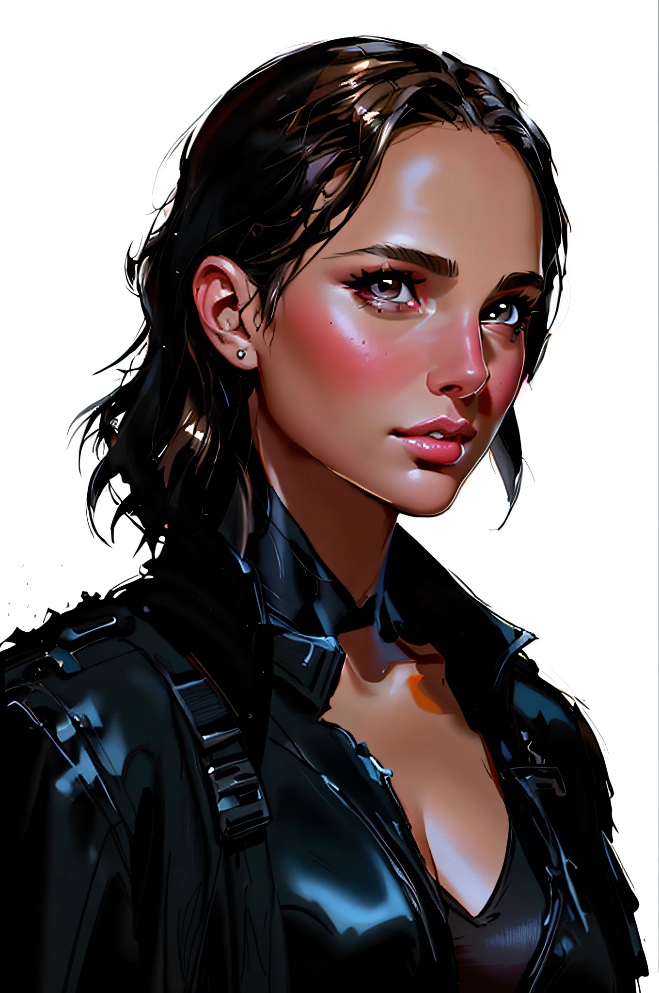 a close up of a woman in a black shirt and jacket, gorgeous digital painting, character art portrait, sexy painting of gal gadot, gal gadot portrait, style of stanley artgerm, portrait of natalie portman, digital character painting, high quality portrait, beautiful character painting, character concept art portrait, realistic digital painting, artgerm portrait