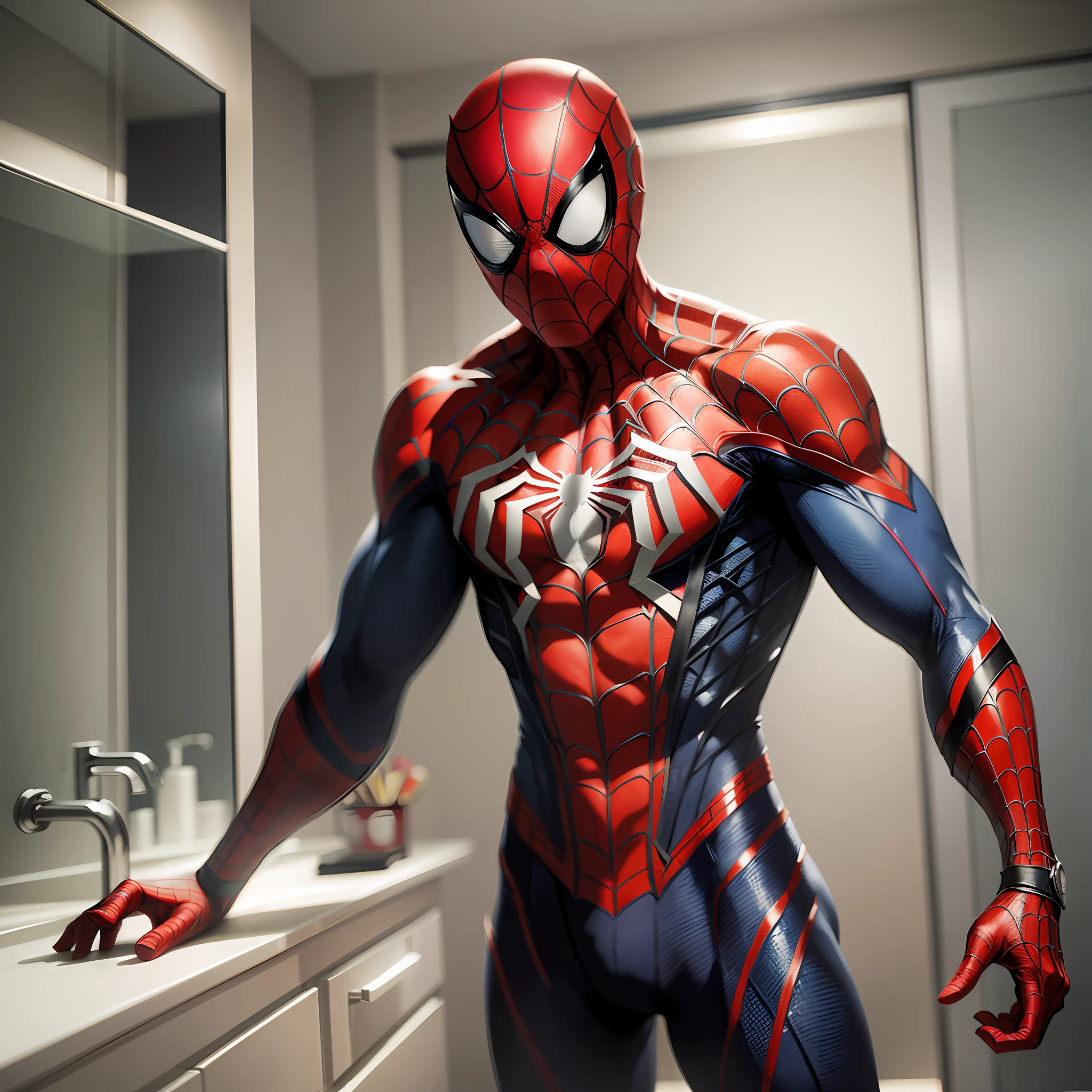 Spider-Man taking pictures in the mirror, realistic. HD、 --auto --s2