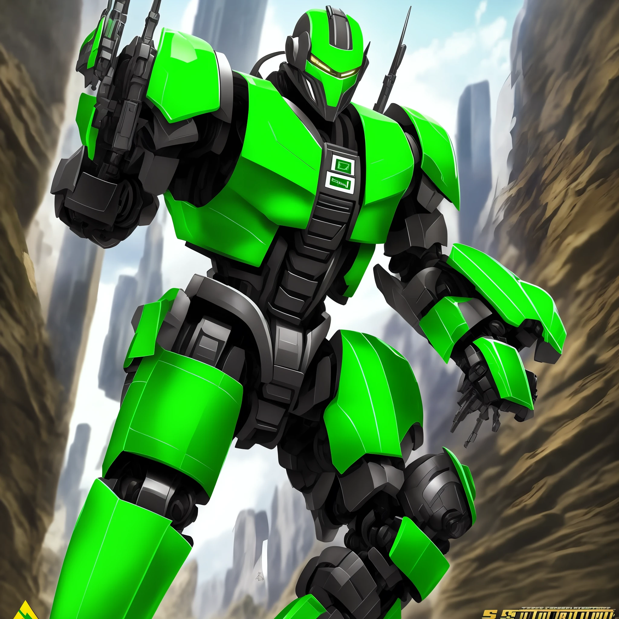 Transformers style robot, Brazilian, green eyes, Military, Brazilian Amazon location, Brazilian army engineer weapon, strong. --auto --s2