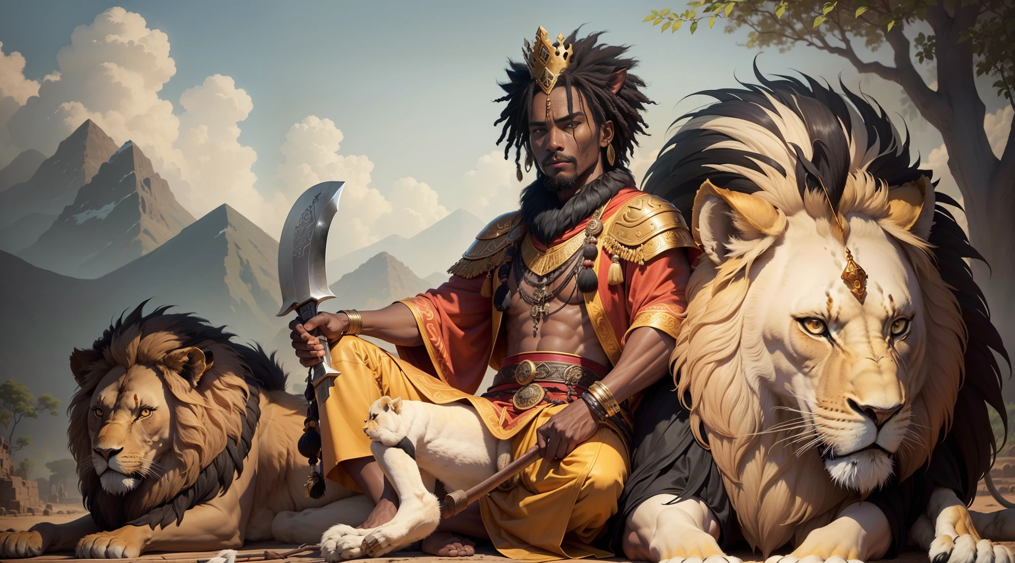 "Capture the real and dominant presence of Xangô, a 32-year-old man with black skin depicting a figure sitting on a stone throne in an Afro village with((( his faithful lion))) next to his throne adorned with majestic robes and a crown, short hair radiating authority and wisdom." clothes in the colors red and white, ((( with a two-sided axe in hand )))