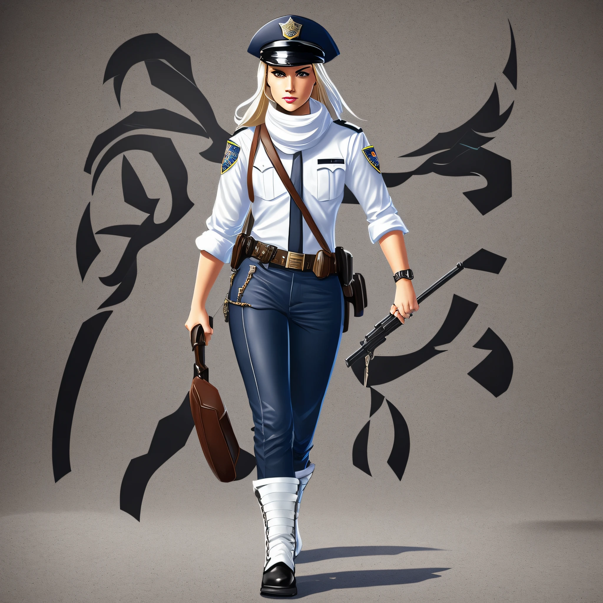 concept art, full body, 27 year old girl, policeman, hair pinned, wearing straight-brimmed cap, white background, leather boots, scarf, black police uniform, jeans --auto --s2