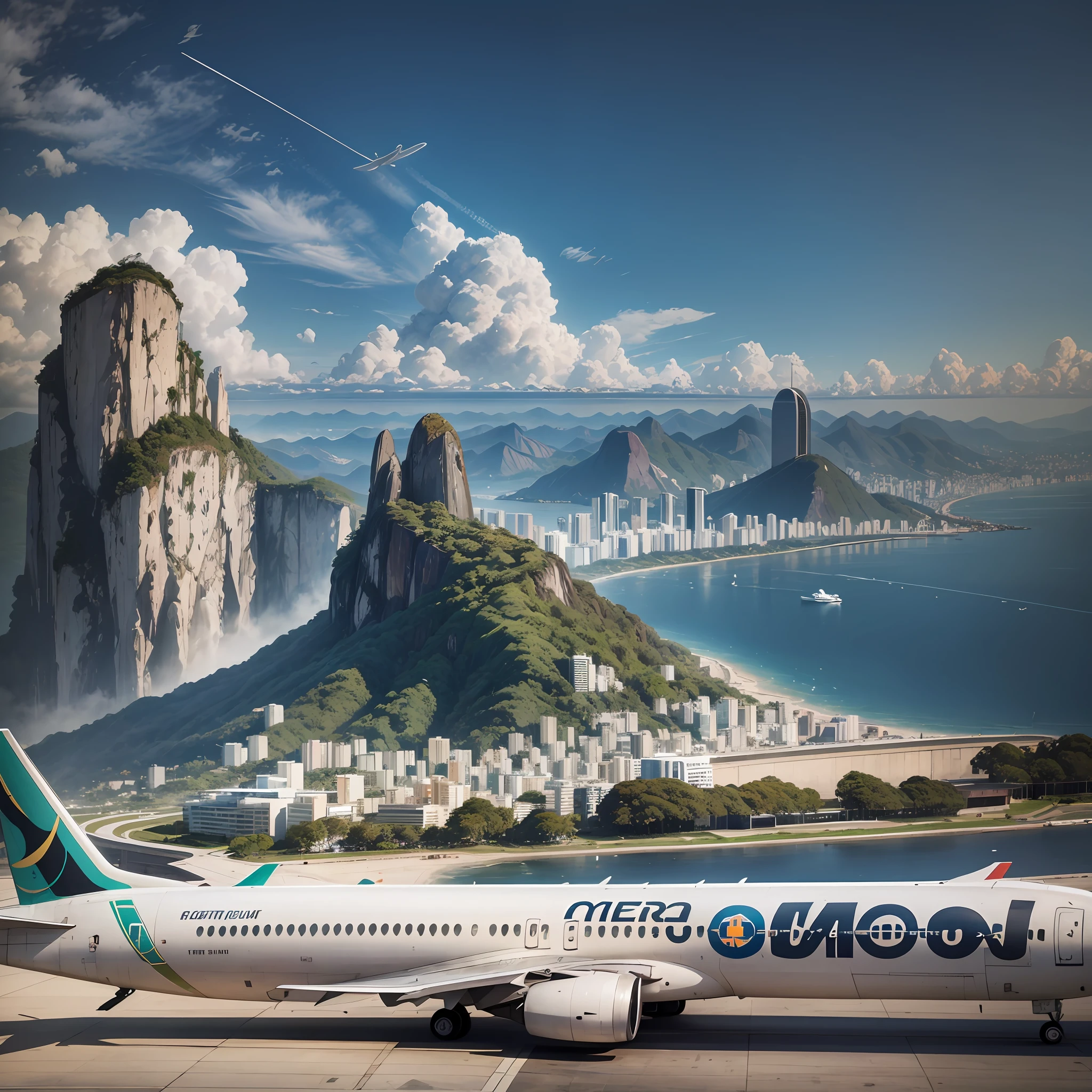Create a realistic scenario of a landing strip with an airplane in the background and contrasting with a Rio de Janeiro landscape with Christ the Redeemer in the distance. Make sure the resulting image looks realistic, with details that capture the essence of the scene. Add textures and details to the plane and runway to make them more realistic, such as the plane's metal look and the runway's asphalt look. Make sure that the Rio landscape with Christ the Redeemer in the distance is an important element of the scene, adding details that highlight the natural beauty of Rio de Janeiro. Add textures and details to make the image more interesting, such as the appearance of clouds and sky colors. Make sure the resulting image is a high resolution, 8K quality." —c 10 —ar 2:3 --auto --s2