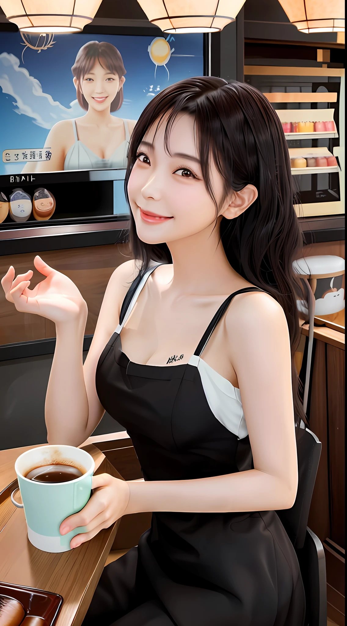 Beautiful young Japanese woman, ブラウンのニット×柄スカート×黒ブーツ, smiling face, Playful, Coffee House/Cafe, Dripping Paint, aerial view, Cinema4D rendering, Detailed, Performance, harsh colors, Meatcore, lantern lighting, UHD