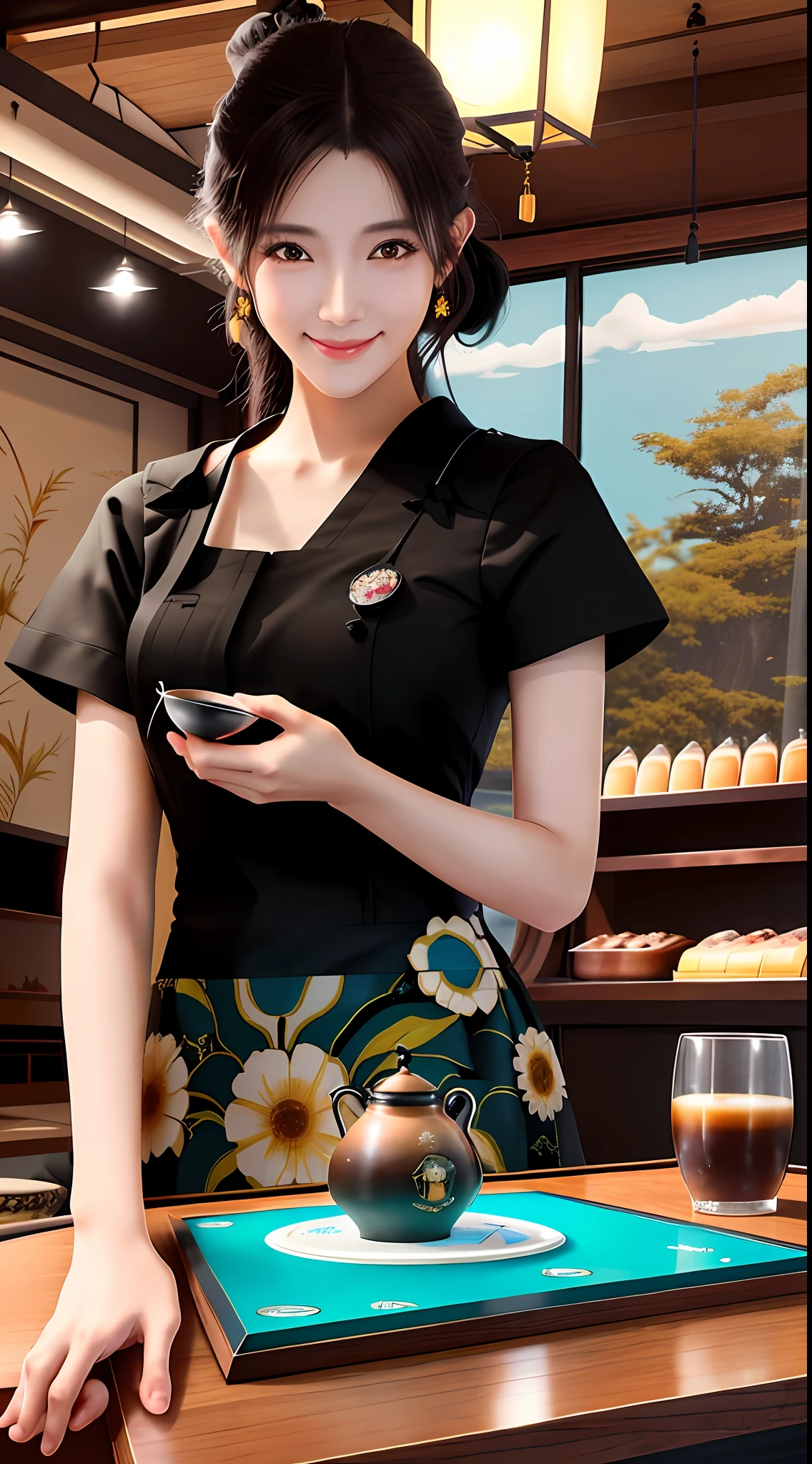Beautiful young Japanese woman, ブラウンのニット×柄スカート×黒ブーツ, smiling face, Playful, Coffee House/Cafe, Dripping Paint, aerial view, Cinema4D rendering, Detailed, Performance, harsh colors, Meatcore, lantern lighting, UHD