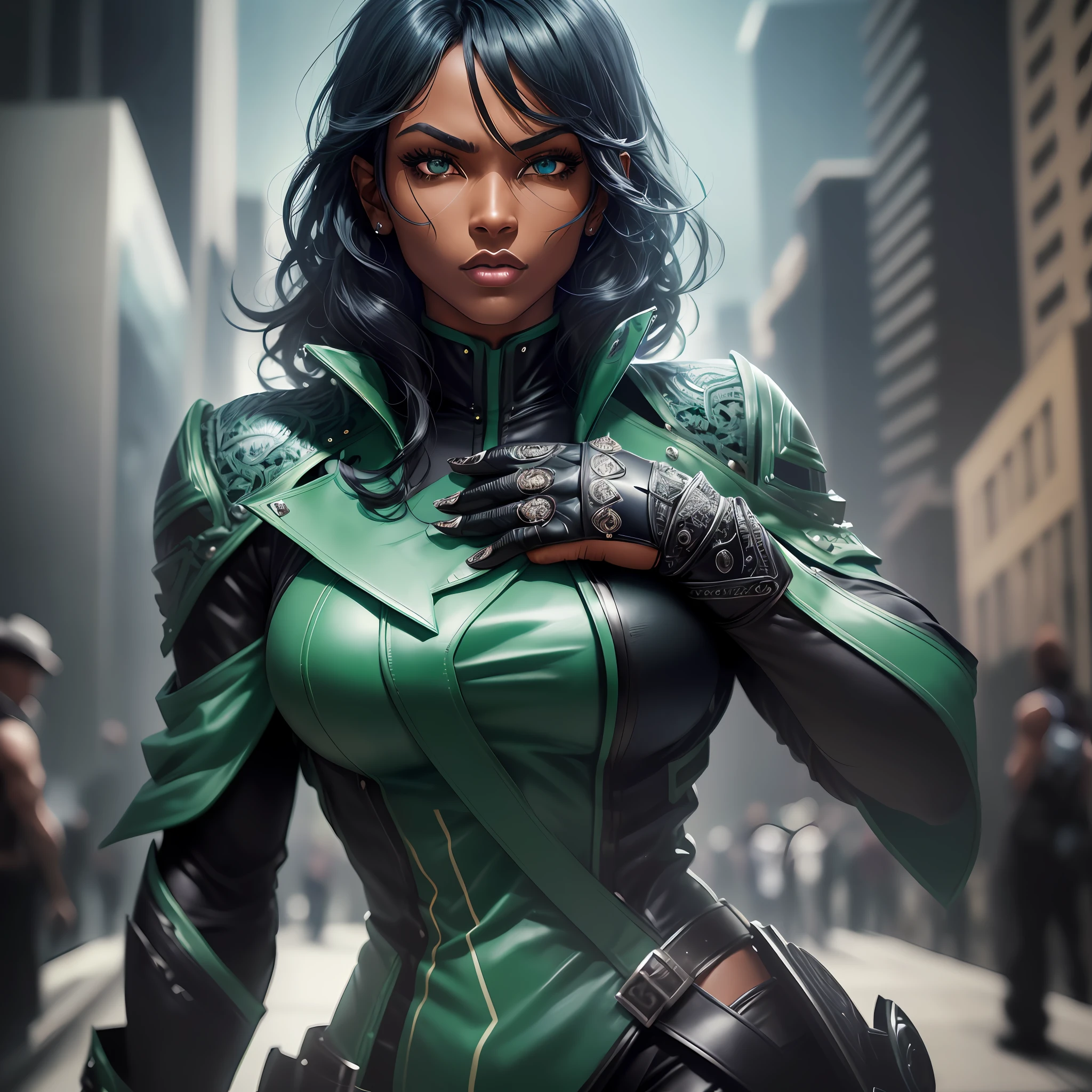 dark-skinned woman, gloves, solo, dark green hair, blue eyes, black gloves, (dynamic pose:1.5), (intricate details:1.2), 8k wallpaper, (highest image quality:1.5), (8k:1.4), (Masterpiece), (ultra-detailed), (Detailed eyes:1.4), (sharp details:1.3), muscular body, black punk jacket, big body, big wavy hair