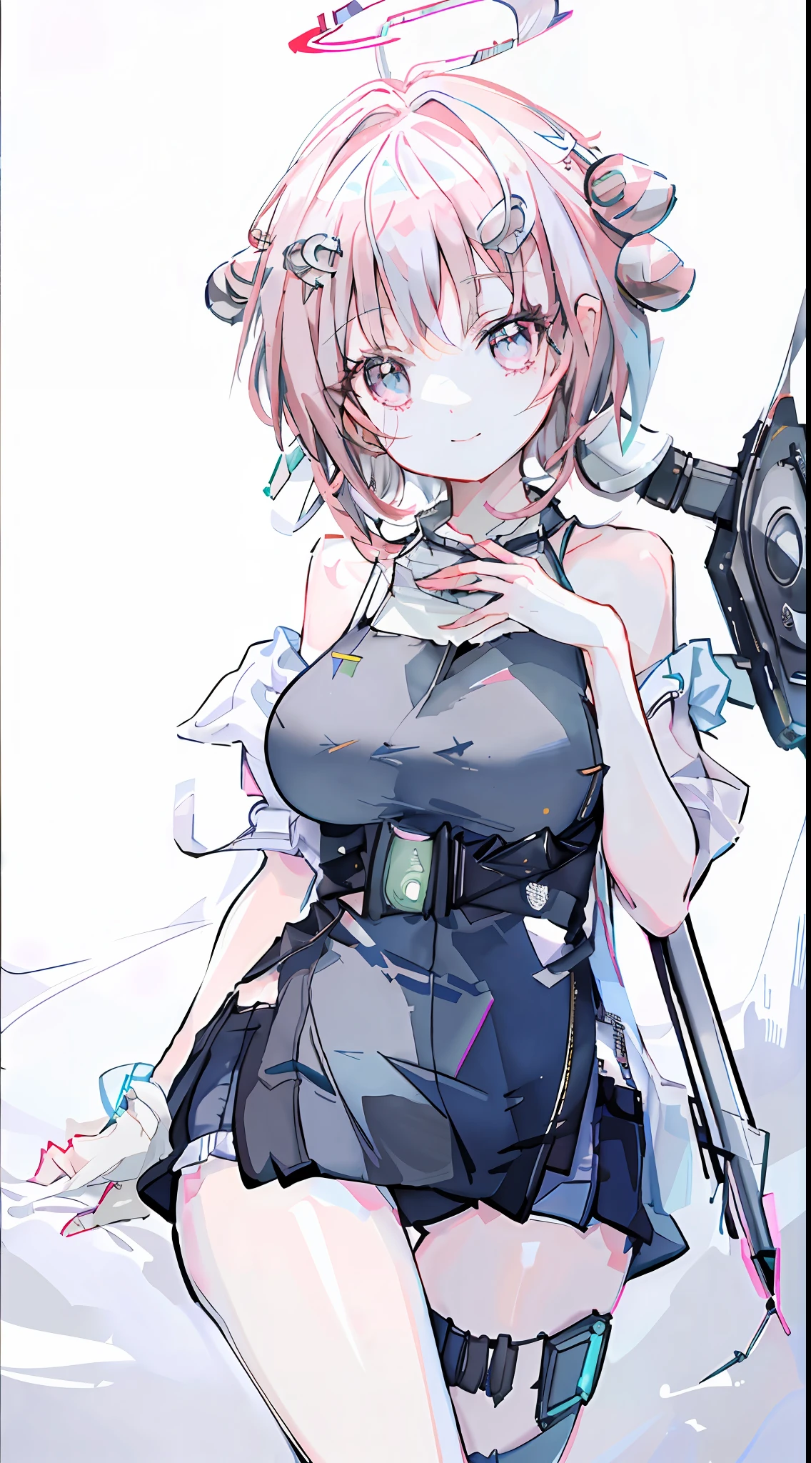 ((masterpiece, best)),(1girl),((mature woman)), light pink hair, halo, trumpet, ((office lady)), bangs, mid-chest, (full), slim, smiling, [wide hips ], office, standing, aru \(blue file\),