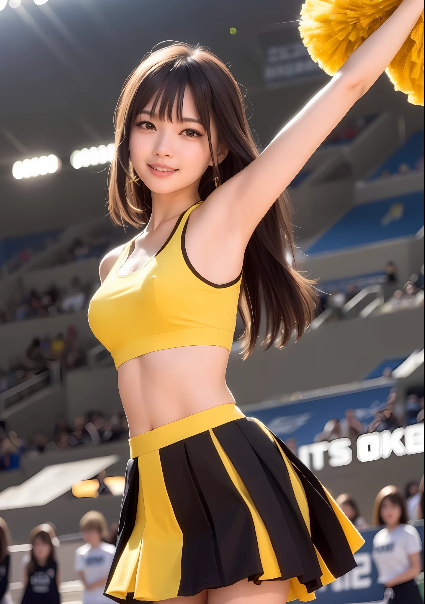 Woman in cheerleading costume holding pom-pom in yellow cloth, Nam Jae-young, Young gravure idol, Senna from League of Legends, Young Pretty gravure idol, Chiho, Tsuyu from TWICE, Young skinny gravure idol, realistic young gravure idol, trending in CGSTATION, 🐝👗👾 Larisa Manobar, Ala Fed woman in cheerleading costume standing on baseball stadium, Korean girl, Sakimi-chan, smooth white tight clothes suit, young cute gravure idol, beautiful korean woman, cute core, gorgeous woman, 8k)), Japan model, young skinny gravure idol, young gravure idol, professional sports style, hot with shining sun, beautiful asian girl