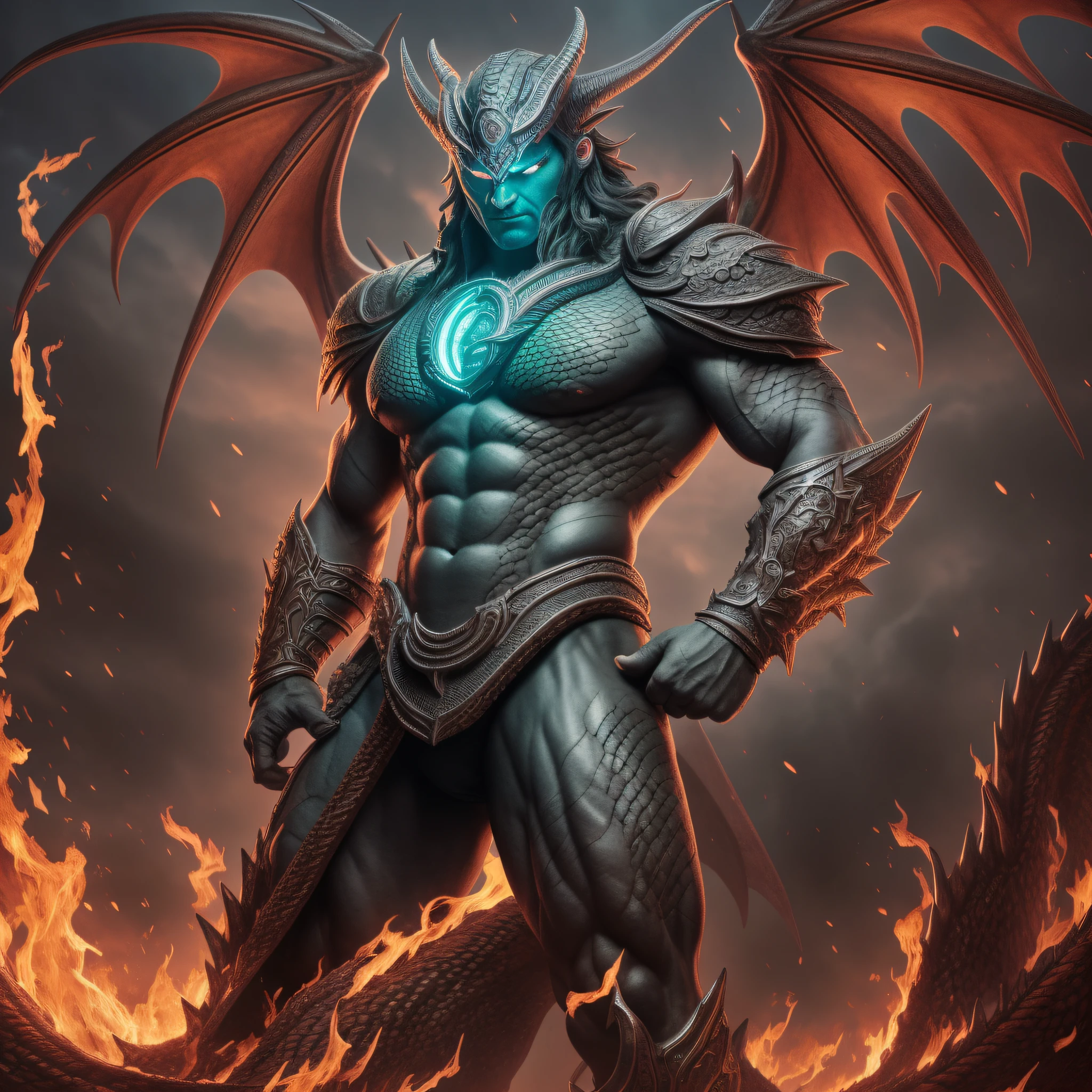 (masterpiece)) RAW photo, a full body portrait of warrior man, TIAMAT, giant, draconian head, power gems, coiled dragon tail, giant dragon wings, leader, necromancer skin, monster, terrifying, cyberpunk armor, arcane magic, technology, fire, ice, water, flying over the 9 universes (highly detailed skin: 1.2), 8k uhd, dslr, soft lighting, high quality, film grain, Fujifilm XT3