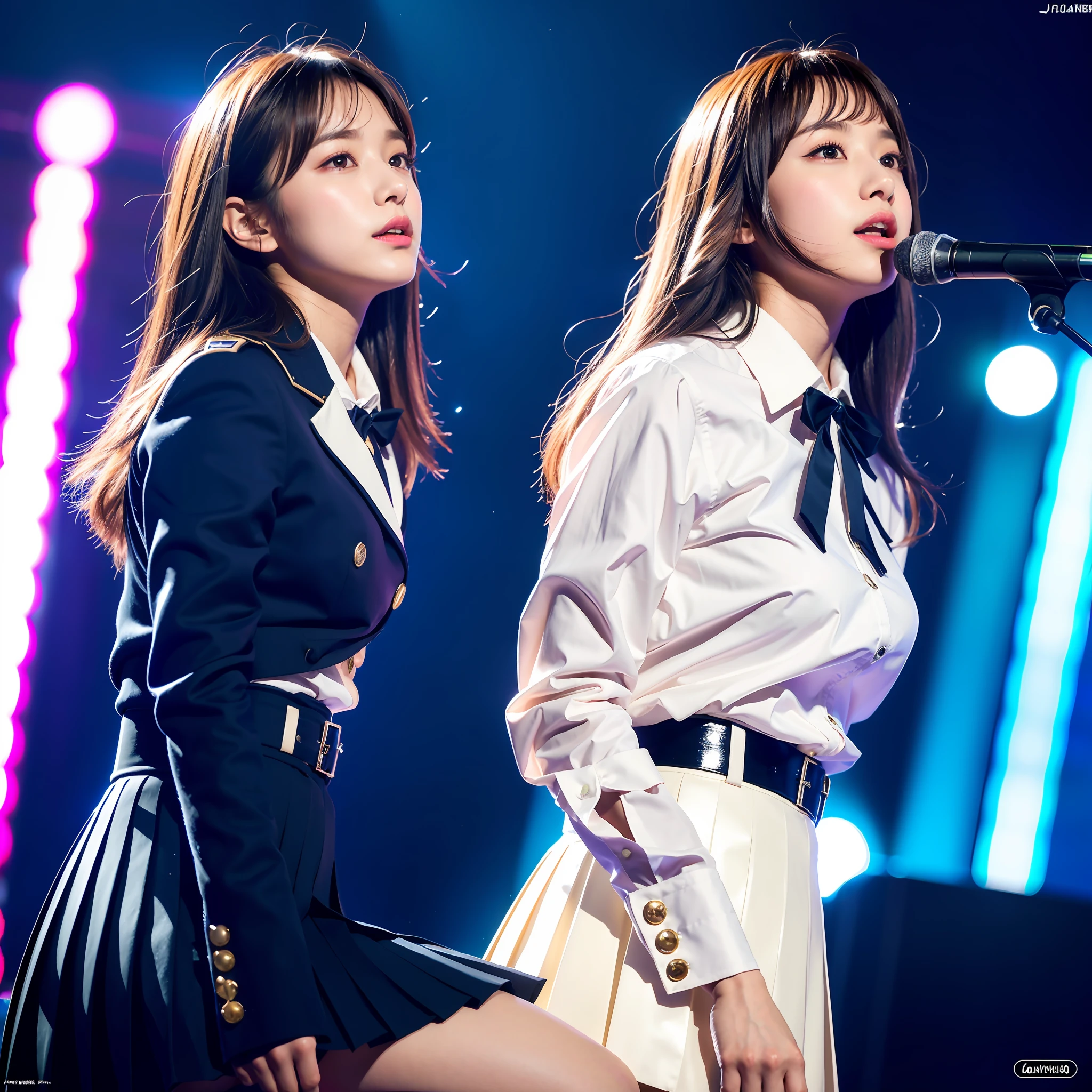 (8k, RAW photo, photorealistic: 1.25), (lip gloss, eyelashes, shiny face, shiny skin, slim body, small, Nogizaka 46, uniform idol, 18 years old, pleated skirt, concert, stage costume, best quality, ultra high resolution, depth of field, chromatic aberration, caustics, wide lighting, natural shading, jpop idol) Watch the viewer sit from a dynamic angle, with a gentle and goddess-like euphoria