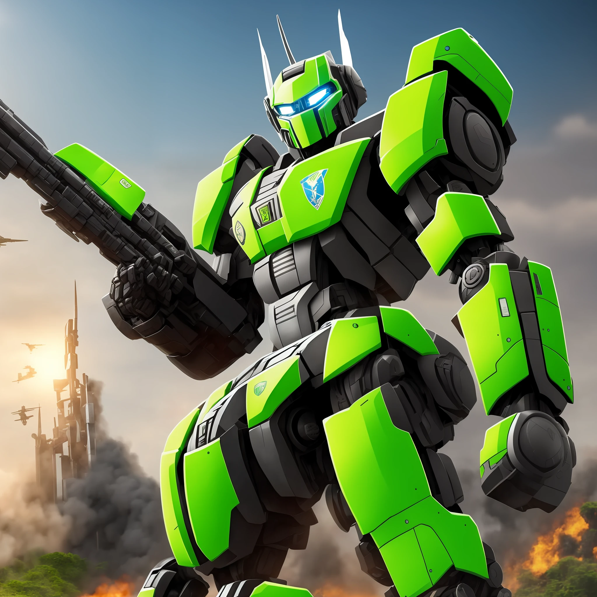 Transformers style robot, Brazilian, green eyes, Military, Brazilian Amazon location, Brazilian army engineer weapon, strong. --auto --s2