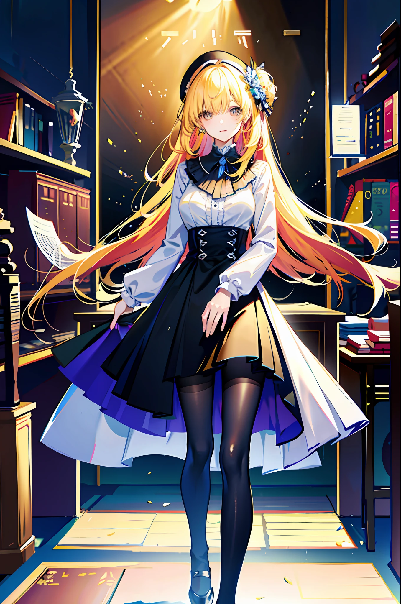 (best quality, detailed background, high resolution, absurd, blooming, messy hair, shiny hair, exposed to light, bright pupils, attentive to detail eyes),
1 girl, earpiece, long hair, blonde, large_breasts, behind arm, daytime, outdoors, street, science fiction, sunlight,
hair_ornament, (hair above one eye), full body, Dutch angle, focused on the legs, A beautiful woman from a family of scholars, she stands in a library full of books and cultural works of art, shelves full of books, paintings and sculptures on the walls. Sunlight shone on her face through the window, making her look more lively and full of life. The style is photography, using a standard lens, with an aperture of f/2.8, a shutter speed of 1/125 sec., and an ISO of 200.