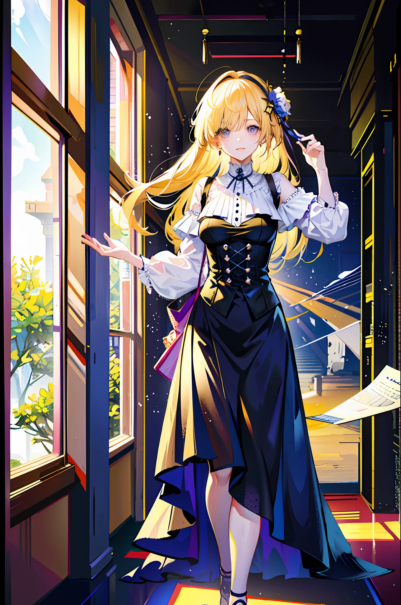 (best quality, detailed background, high resolution, absurd, blooming, messy hair, shiny hair, exposed to light, bright pupils, attentive to detail eyes),
1 girl, earpiece, long hair, blonde, large_breasts, behind arm, daytime, outdoors, street, science fiction, sunlight,
hair_ornament, (hair above one eye), full body, Dutch angle, focused on the legs, A beautiful woman from a family of scholars, she stands in a library full of books and cultural works of art, shelves full of books, paintings and sculptures on the walls. Sunlight shone on her face through the window, making her look more lively and full of life. The style is photography, using a standard lens, with an aperture of f/2.8, a shutter speed of 1/125 sec., and an ISO of 200.