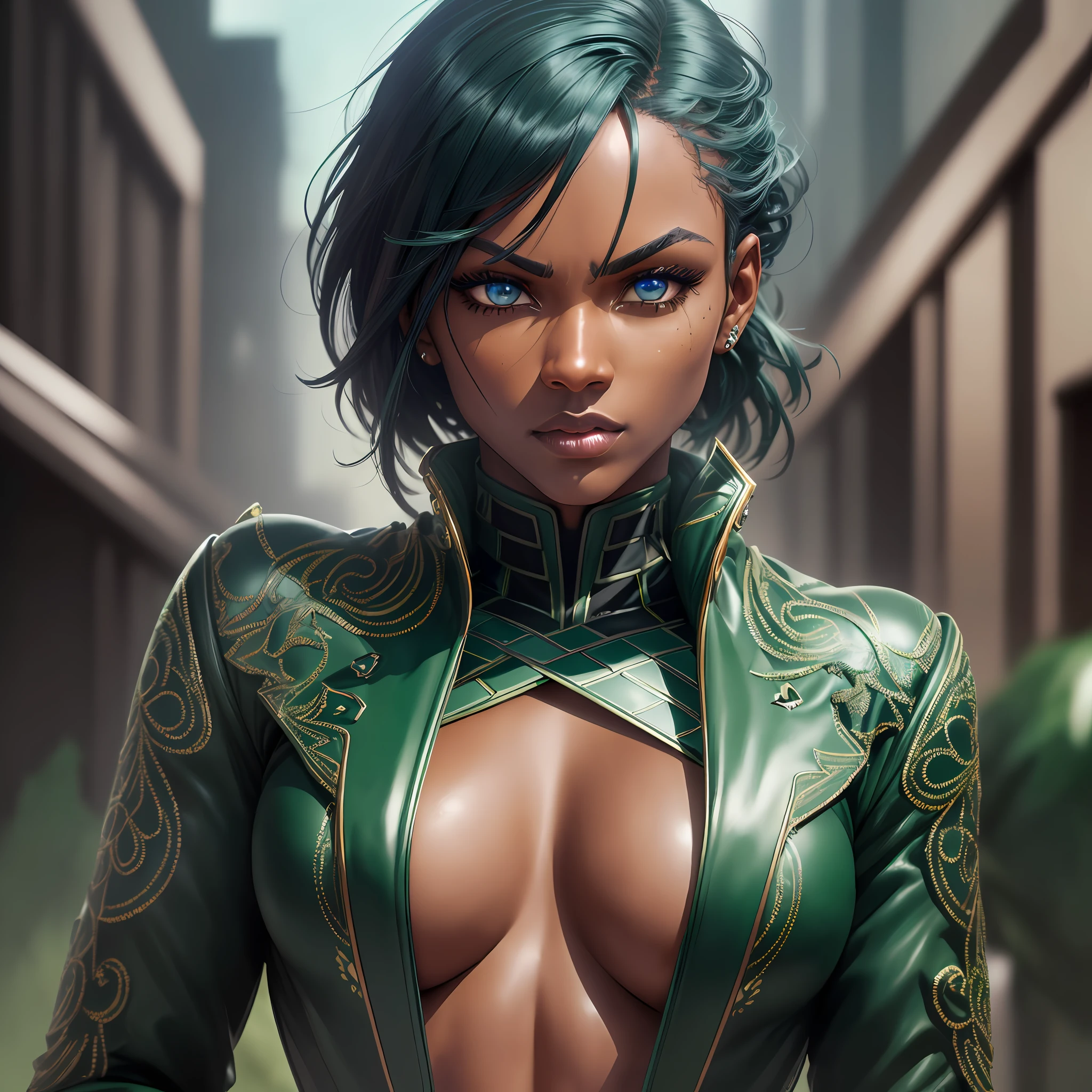 dark-skinned woman, gloves, soil, dark green hair, blue eyes, black gloves, (dynamic pose:1.5), (intricate details:1.2), 8k wallpaper, (highest image quality:1.5), (8k:1.4), (Masterpiece), (ultra-detailed), (Detailed eyes:1.4), (sharp details:1.3), muscular body, punk jacket