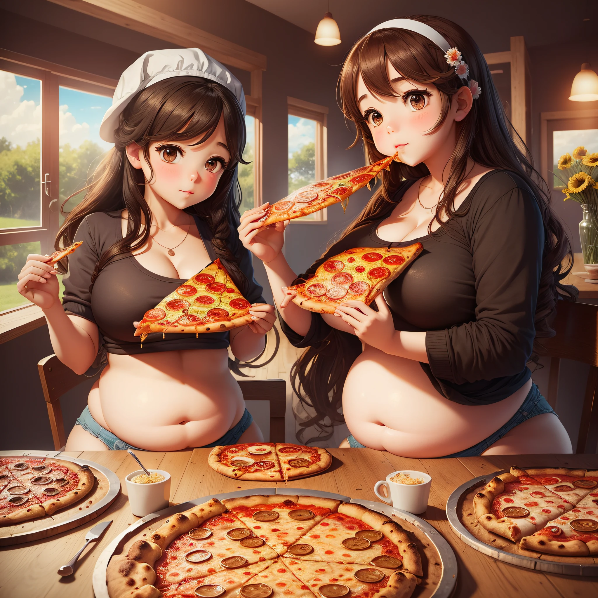 masterpiece, 2 cute girls with large round fat bellies, eating pizza --auto --s2