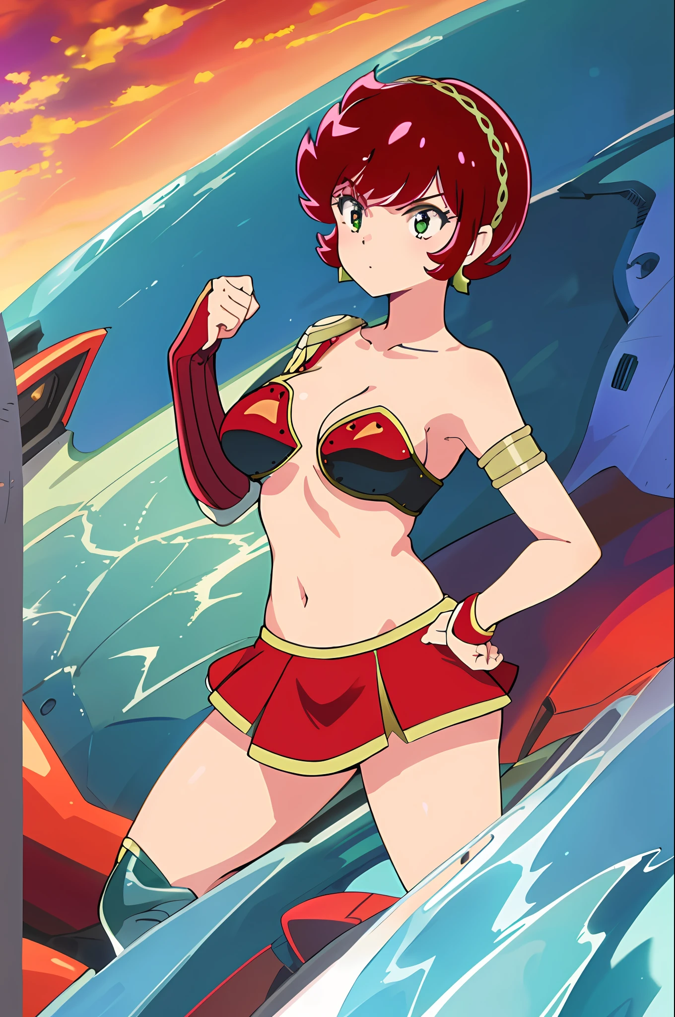 best quality, 1girl, beautiful face, short haircut, red hair, earrings, armlet, skirt, Urusei Yatsura, Benten, sci-fi background