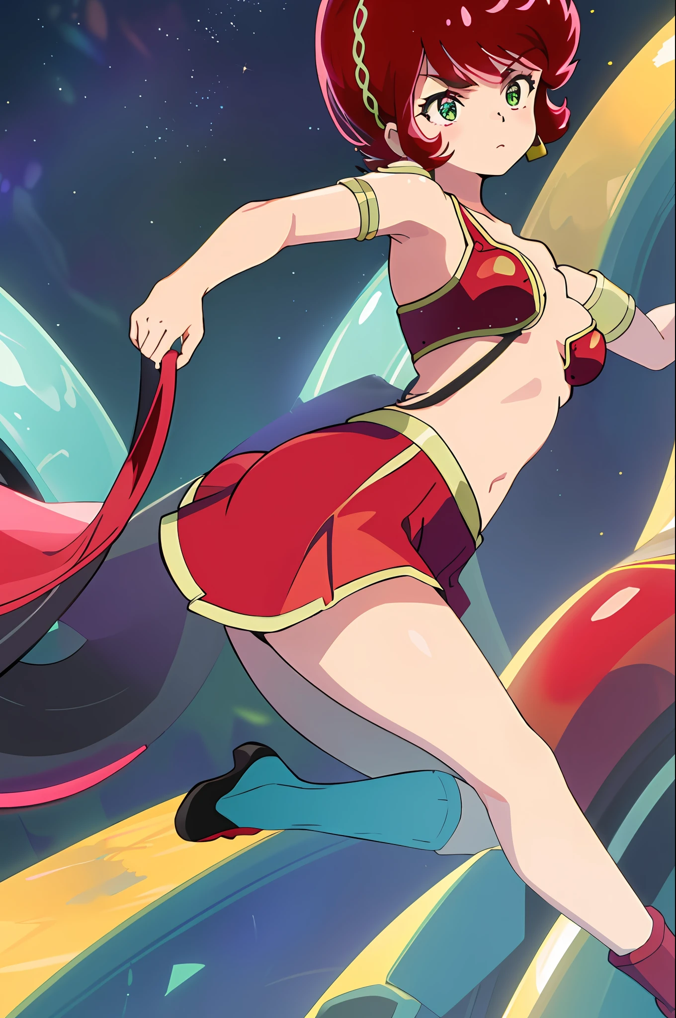 best quality, 1girl, beautiful face, short haircut, red hair, earrings, armlet, skirt, Urusei Yatsura, Benten, sci-fi background